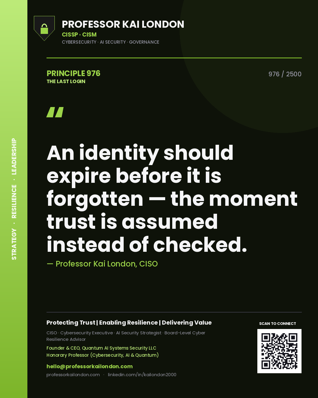 Quote card by Professor Kai London reading 'An identity should expire before it is forgotten — the moment trust is assumed instead of checked.'. From the book The Last Login.