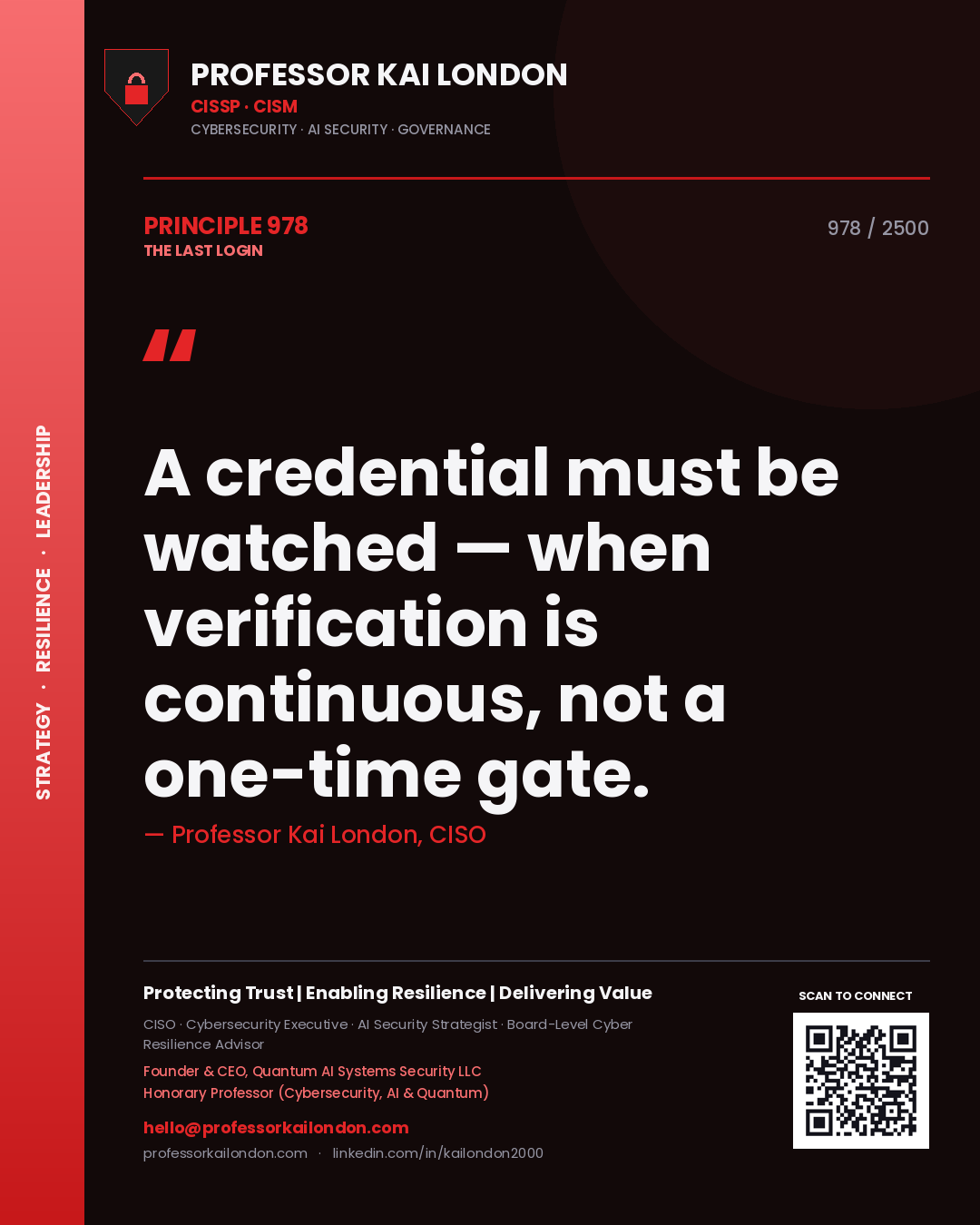 Professor Kai London principle 978: A credential must be watched — when verification is continuous, not a one-time gate.