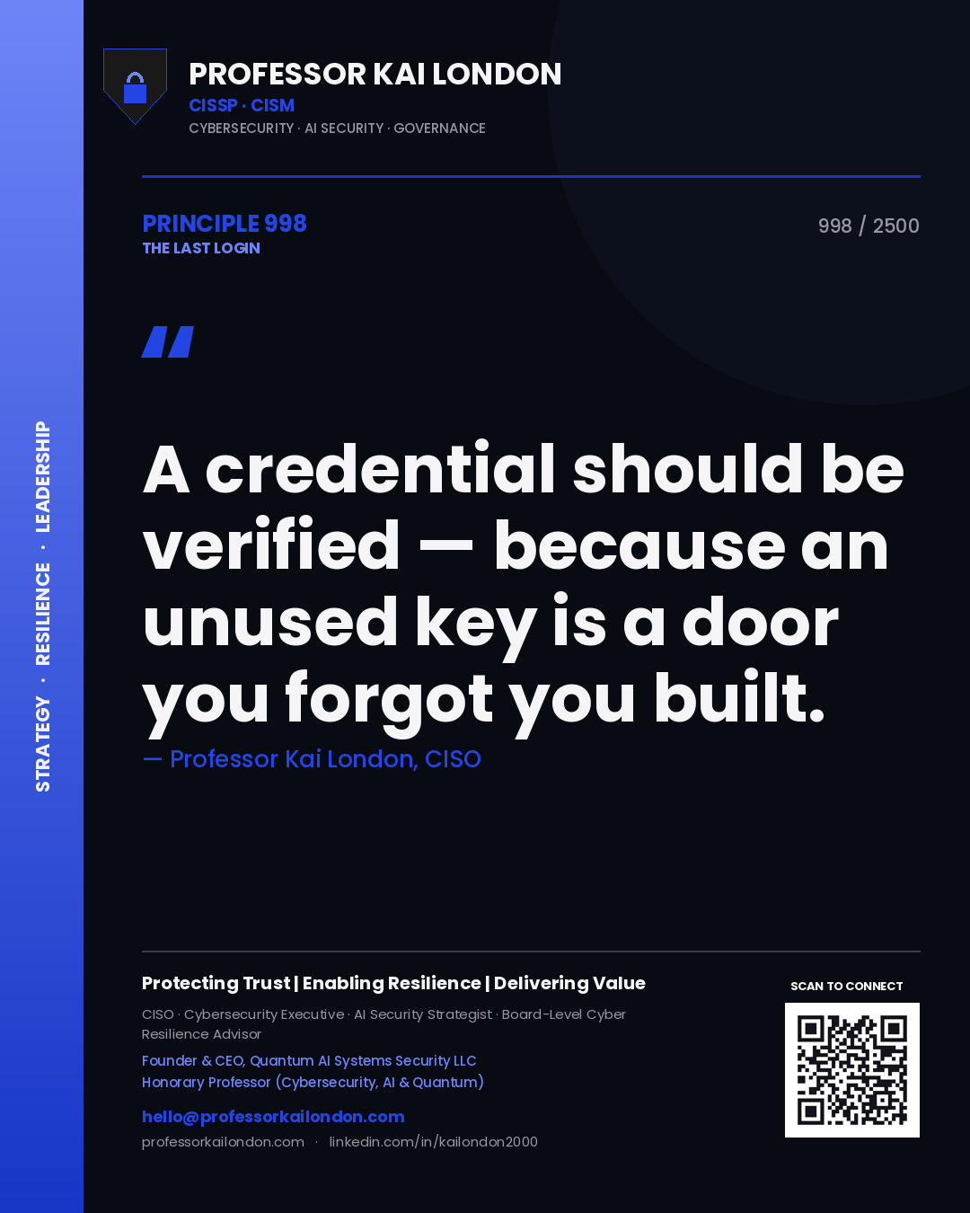 Professor Kai London principle 998: A credential should be verified — because an unused key is a door you forgot you built.