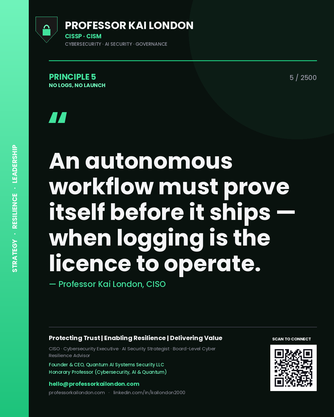 Quote card by Professor Kai London reading 'An autonomous workflow must prove itself before it ships — when logging is the licence to operate.'. From the book No Logs, No Launch.