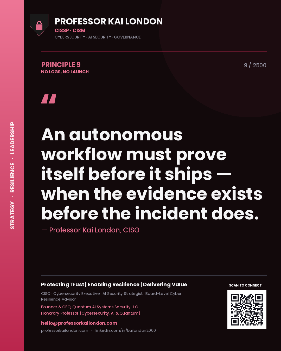 Quote card by Professor Kai London reading 'An autonomous workflow must prove itself before it ships — when the evidence exists before the incident does.'. From the book No Logs, No Launch.