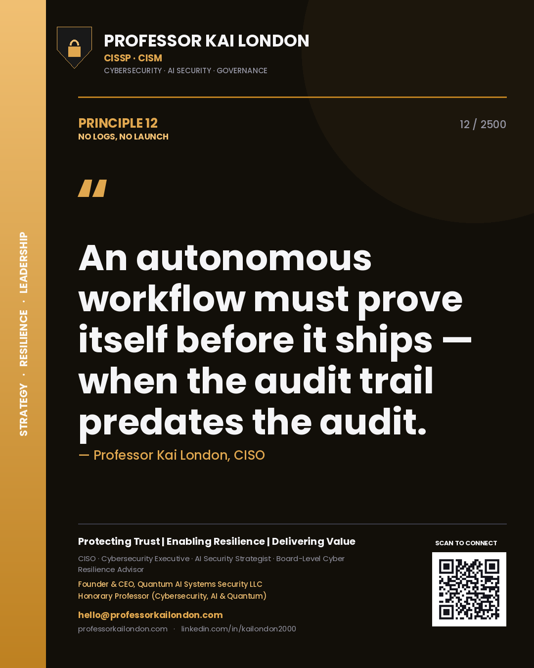 Professor Kai London principle 12: An autonomous workflow must prove itself before it ships — when the audit trail predates the audit.