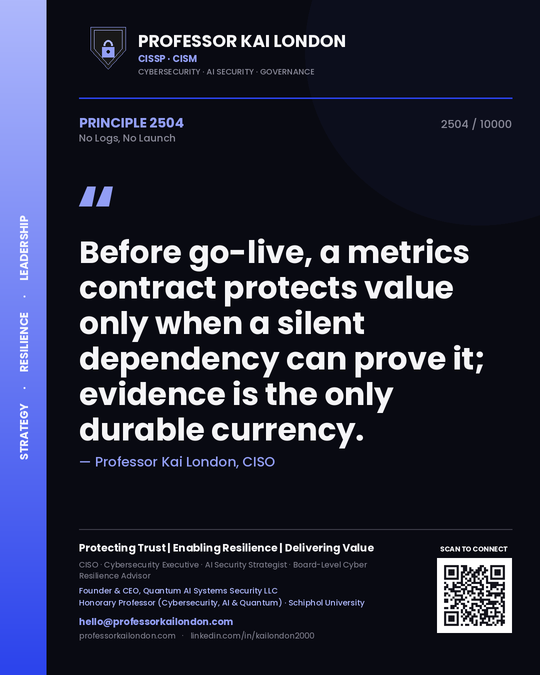 Professor Kai London principle 2504: Before go-live, a metrics contract protects value only when a silent dependency can prove it; evidence is the only durable currency.