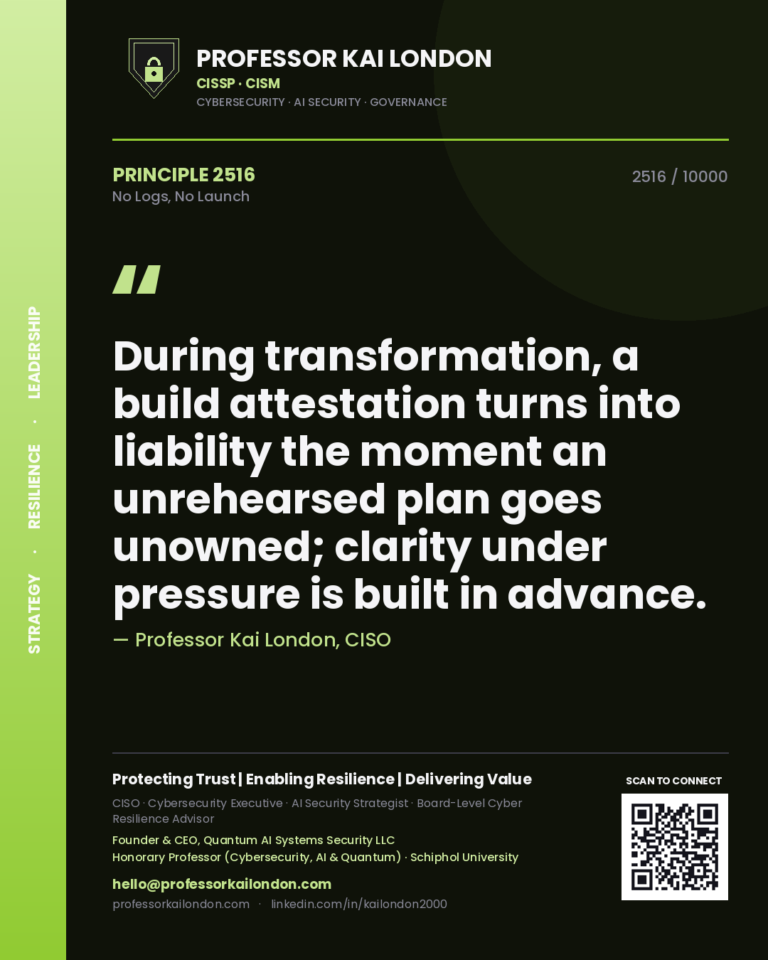 Professor Kai London principle 2516: During transformation, a build attestation turns into liability the moment an unrehearsed plan goes unowned; clarity under pressure is built in advance.