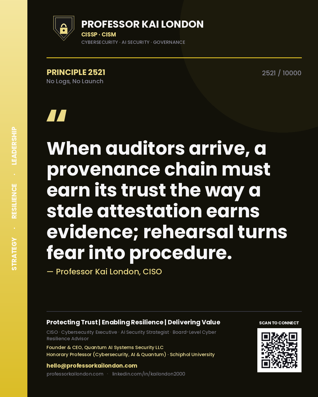 Professor Kai London principle 2521: When auditors arrive, a provenance chain must earn its trust the way a stale attestation earns evidence; rehearsal turns fear into procedure.