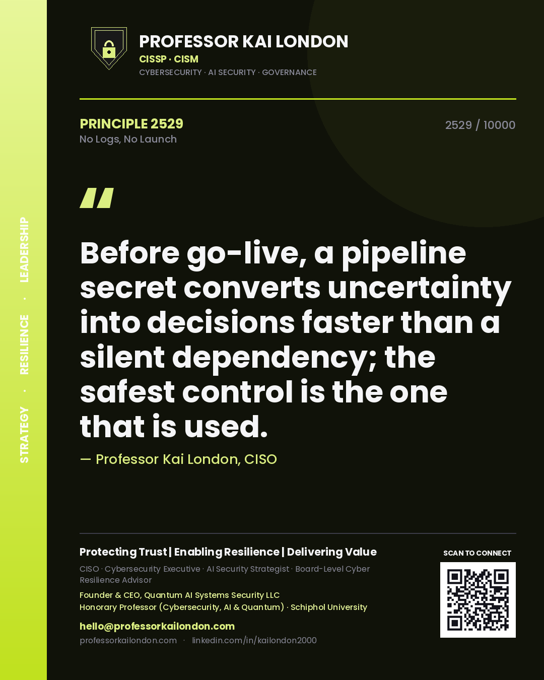 Professor Kai London principle 2529: Before go-live, a pipeline secret converts uncertainty into decisions faster than a silent dependency; the safest control is the one that is used.