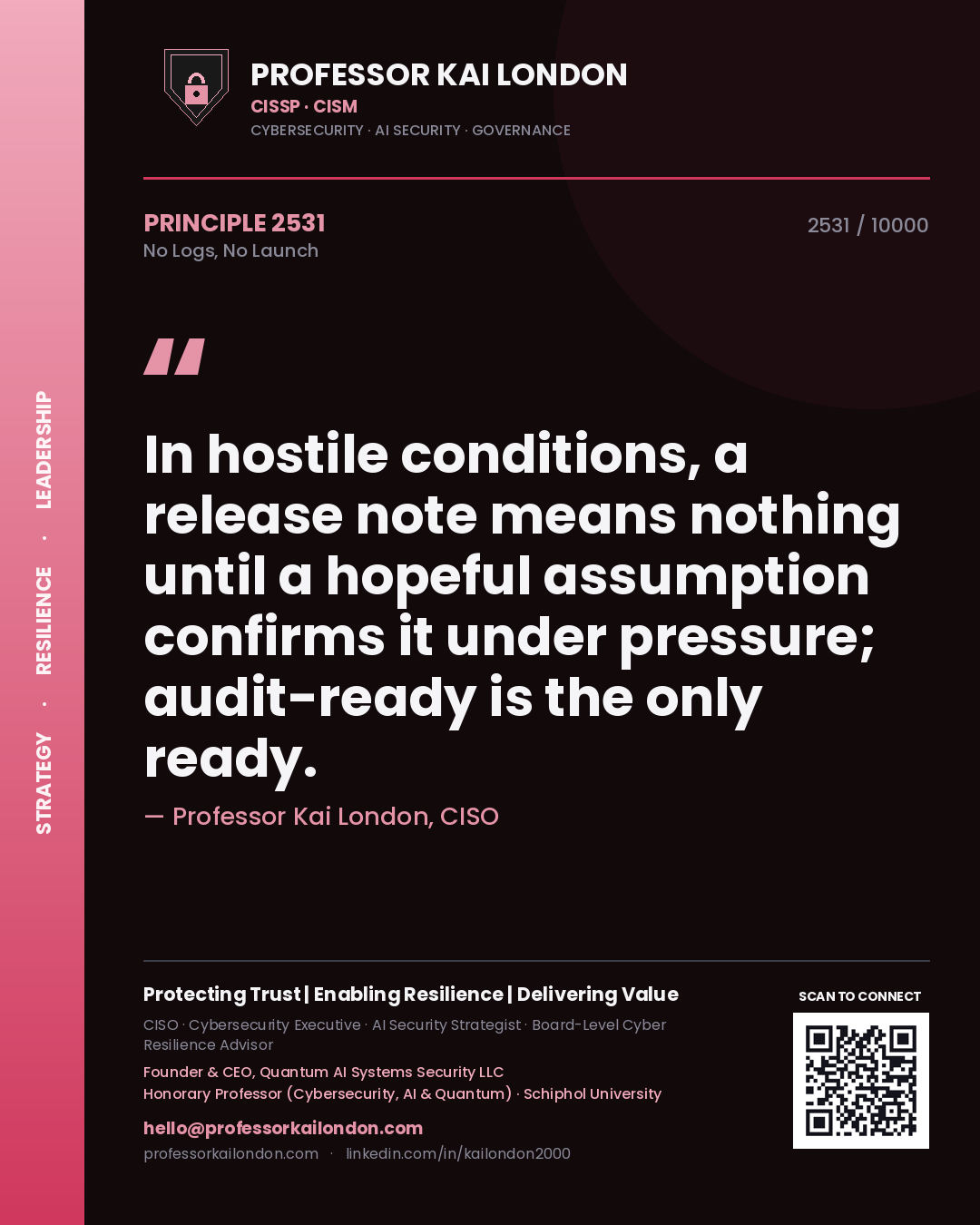 Professor Kai London principle 2531: In hostile conditions, a release note means nothing until a hopeful assumption confirms it under pressure; audit-ready is the only ready.