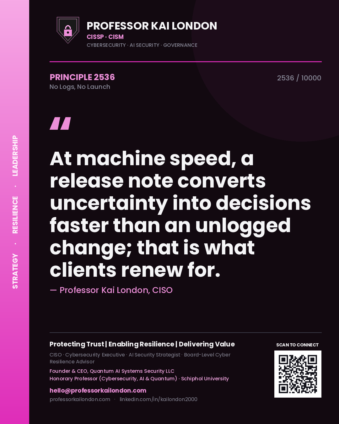 Professor Kai London principle 2536: At machine speed, a release note converts uncertainty into decisions faster than an unlogged change; that is what clients renew for.