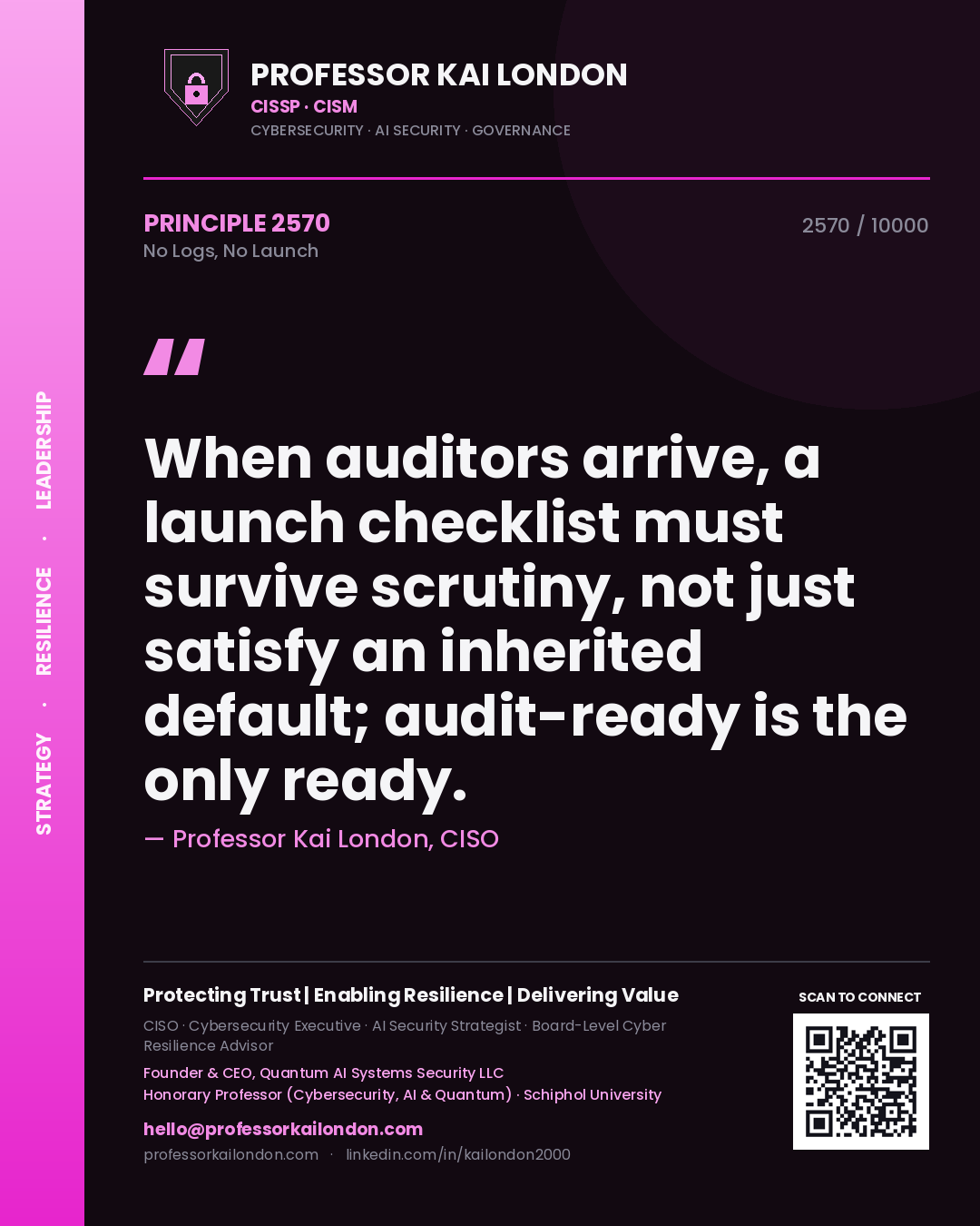 Quote card by Professor Kai London reading 'When auditors arrive, a launch checklist must survive scrutiny, not just satisfy an inherited default; audit-ready is the only ready.'. From the book No Logs, No Launch.