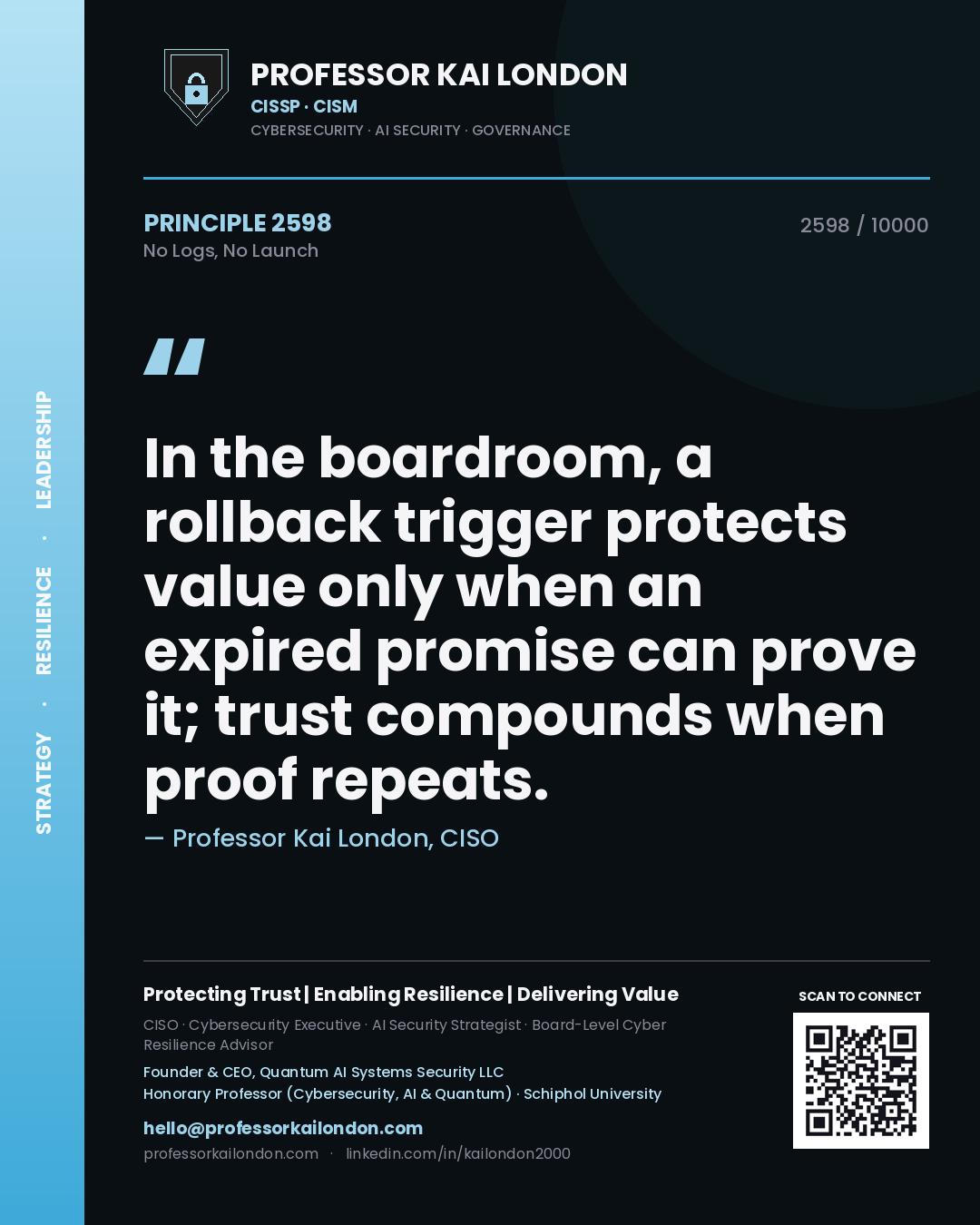 Professor Kai London principle 2598: In the boardroom, a rollback trigger protects value only when an expired promise can prove it; trust compounds when proof repeats.