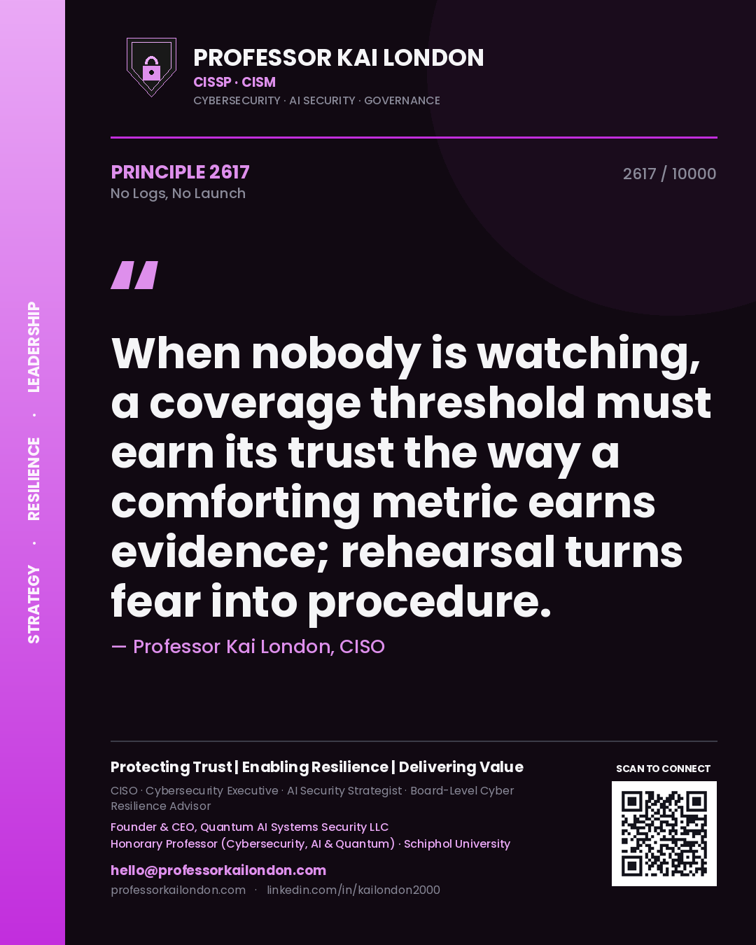 Professor Kai London principle 2617: When nobody is watching, a coverage threshold must earn its trust the way a comforting metric earns evidence; rehearsal turns fear into procedure.