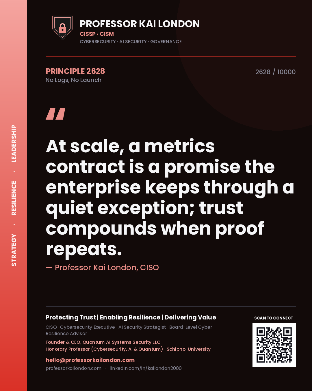 Quote card by Professor Kai London reading 'At scale, a metrics contract is a promise the enterprise keeps through a quiet exception; trust compounds when proof repeats.'. From the book No Logs, No Launch.