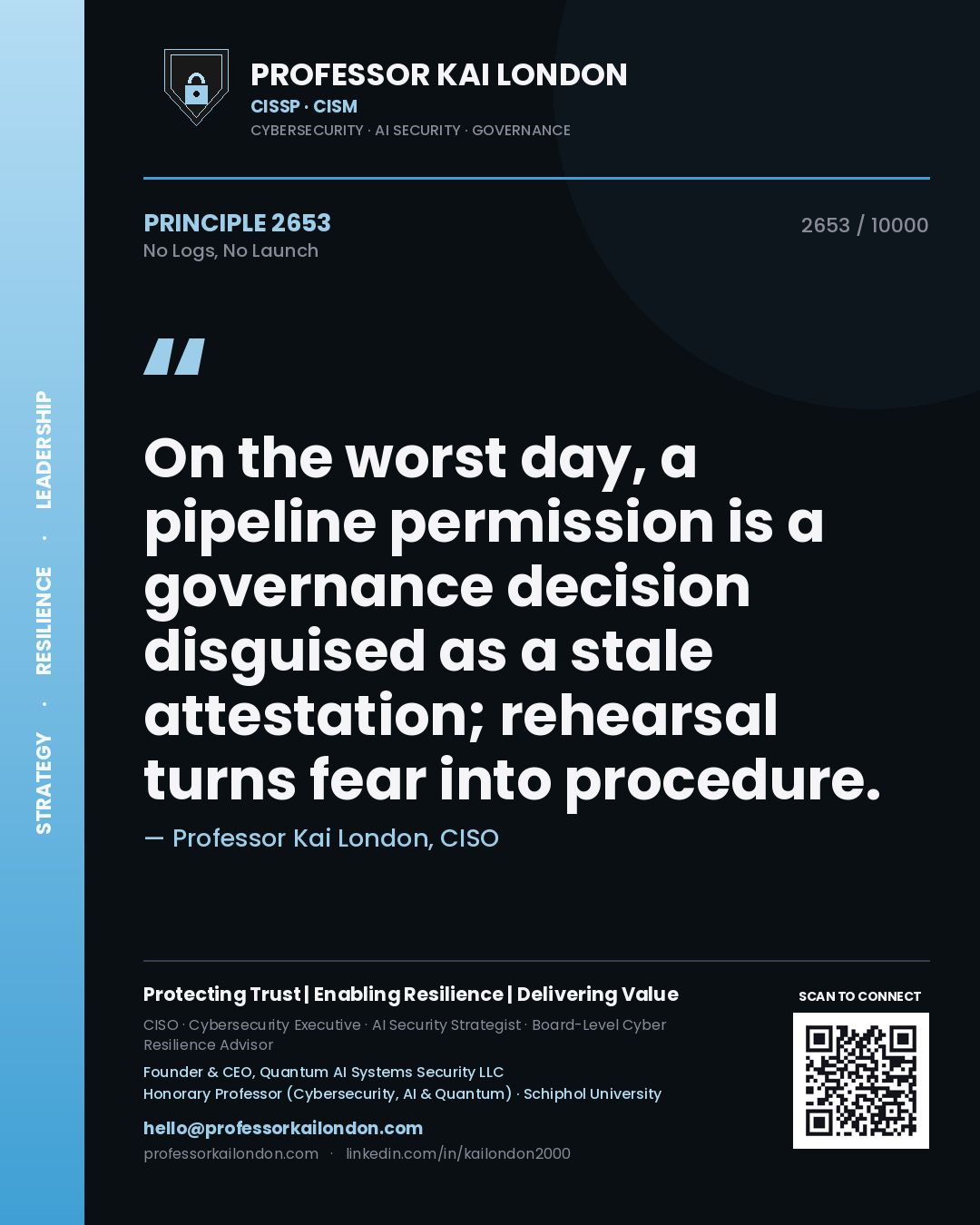 Quote card by Professor Kai London reading 'On the worst day, a pipeline permission is a governance decision disguised as a stale attestation; rehearsal turns fear into procedure.'. From the book No Logs, No Launch.