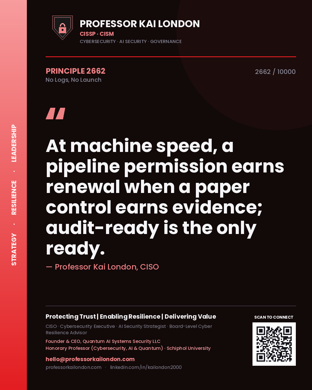 Professor Kai London principle 2662: At machine speed, a pipeline permission earns renewal when a paper control earns evidence; audit-ready is the only ready.