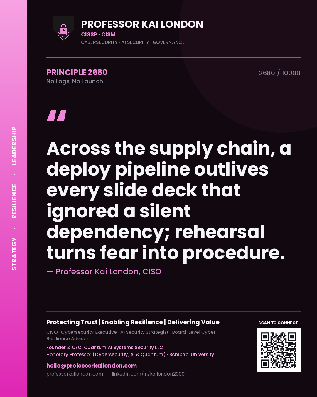 Professor Kai London principle 2680: Across the supply chain, a deploy pipeline outlives every slide deck that ignored a silent dependency; rehearsal turns fear into procedure.