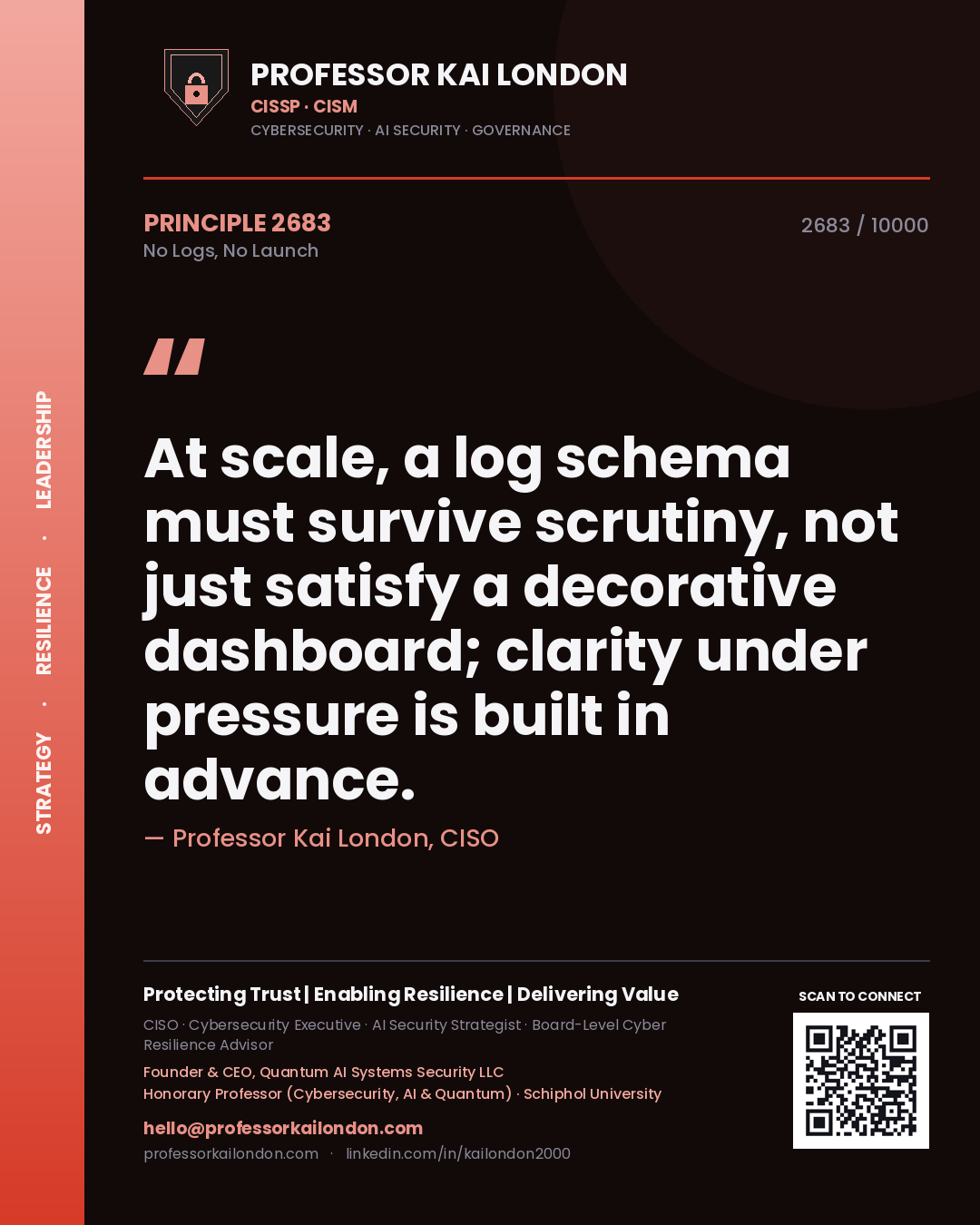 Professor Kai London principle 2683: At scale, a log schema must survive scrutiny, not just satisfy a decorative dashboard; clarity under pressure is built in advance.