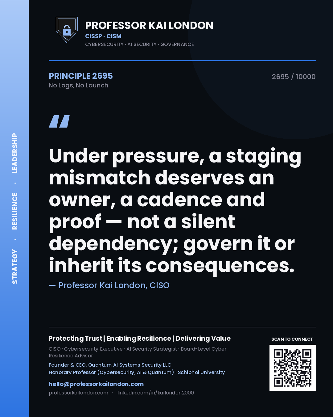 Professor Kai London principle 2695: Under pressure, a staging mismatch deserves an owner, a cadence and proof — not a silent dependency; govern it or inherit its consequences.