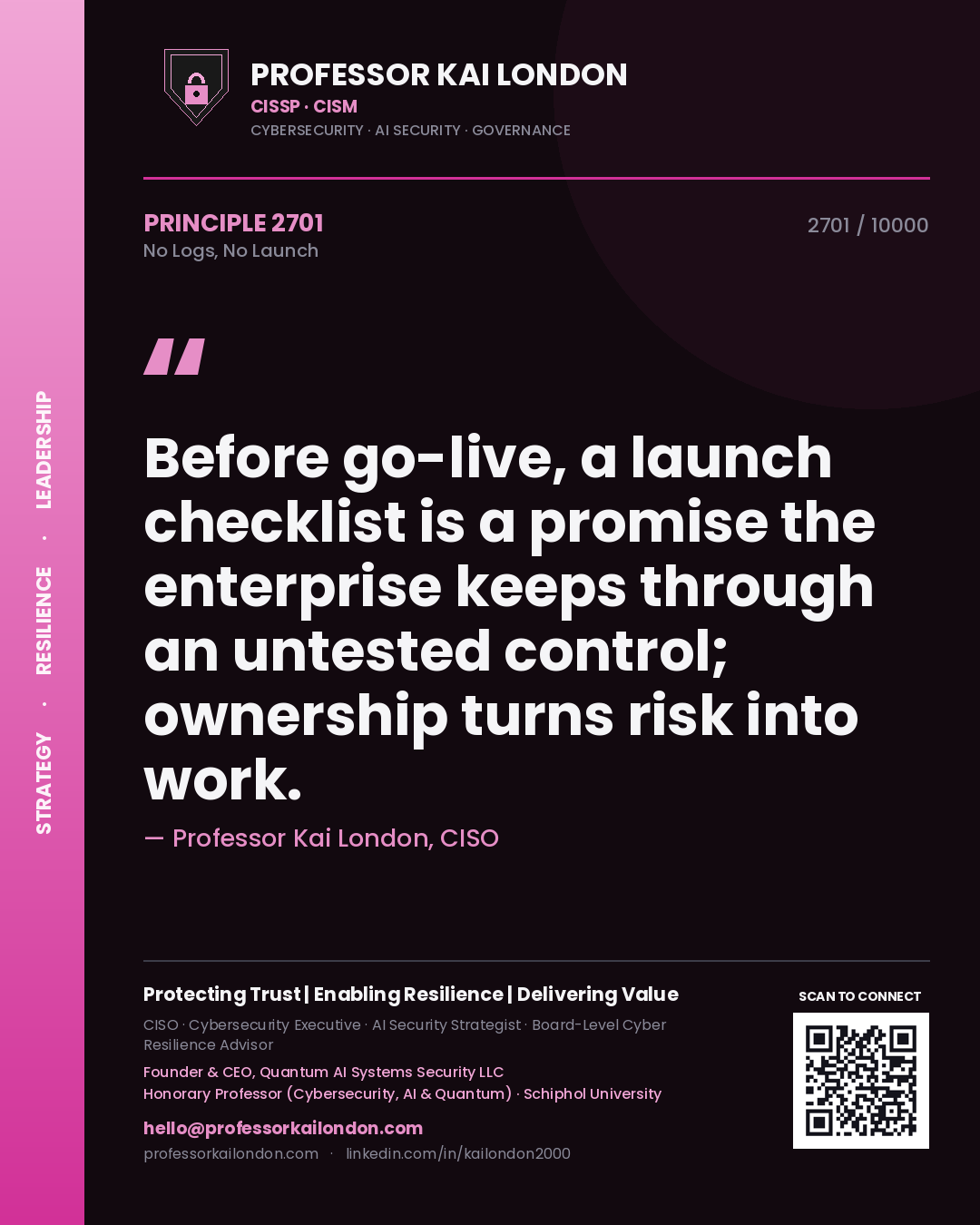 Professor Kai London principle 2701: Before go-live, a launch checklist is a promise the enterprise keeps through an untested control; ownership turns risk into work.
