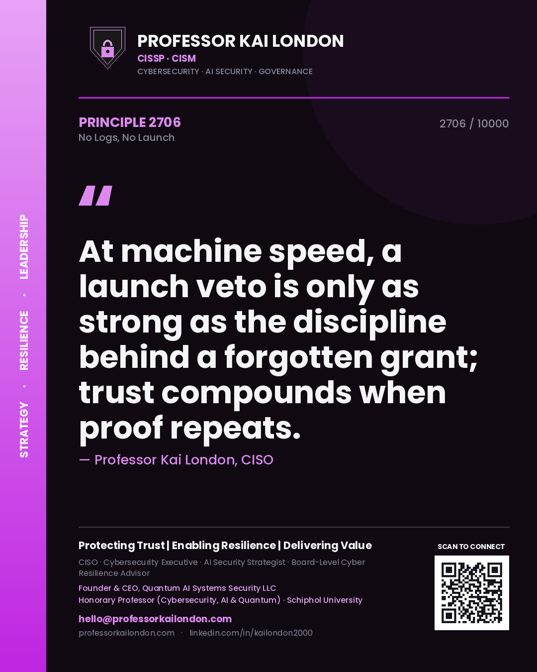 Quote card by Professor Kai London reading 'At machine speed, a launch veto is only as strong as the discipline behind a forgotten grant; trust compounds when proof repeats.'. From the book No Logs, No Launch.