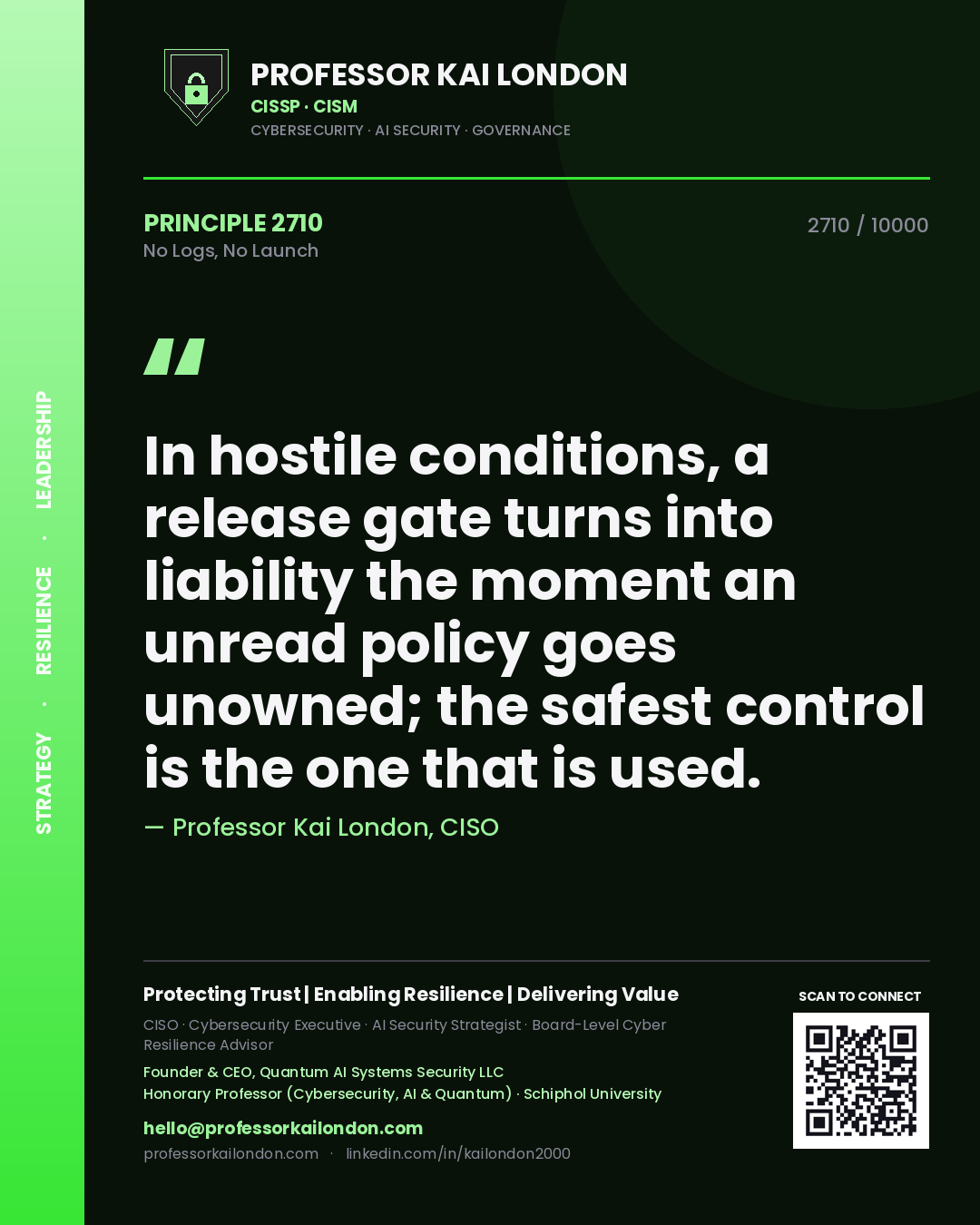 Professor Kai London principle 2710: In hostile conditions, a release gate turns into liability the moment an unread policy goes unowned; the safest control is the one that is used.