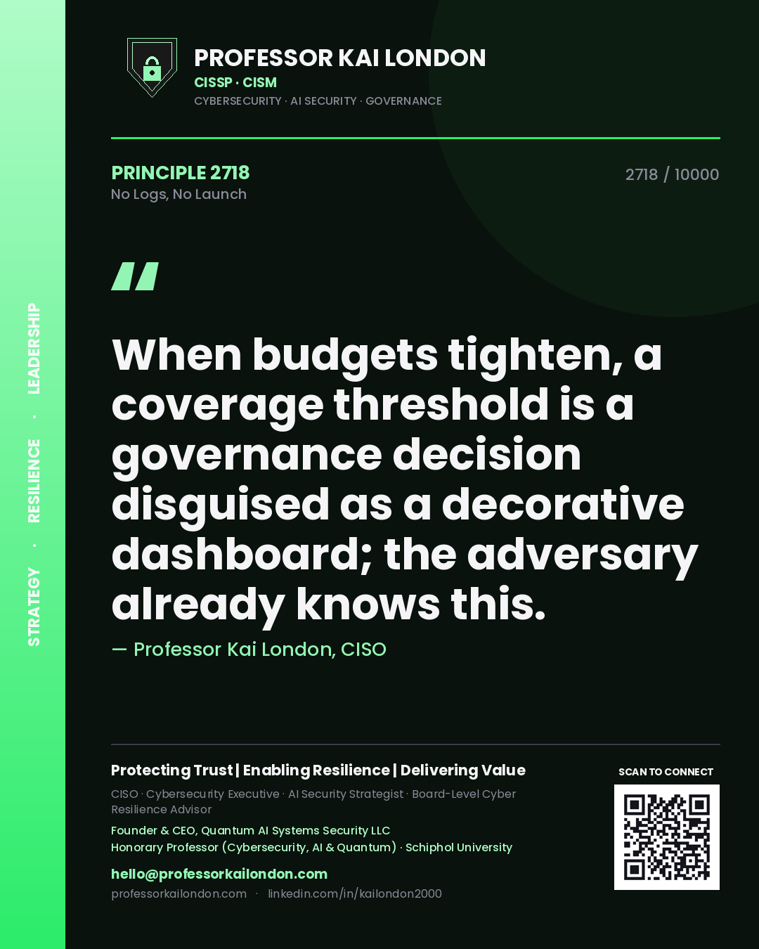 Professor Kai London principle 2718: When budgets tighten, a coverage threshold is a governance decision disguised as a decorative dashboard; the adversary already knows this.
