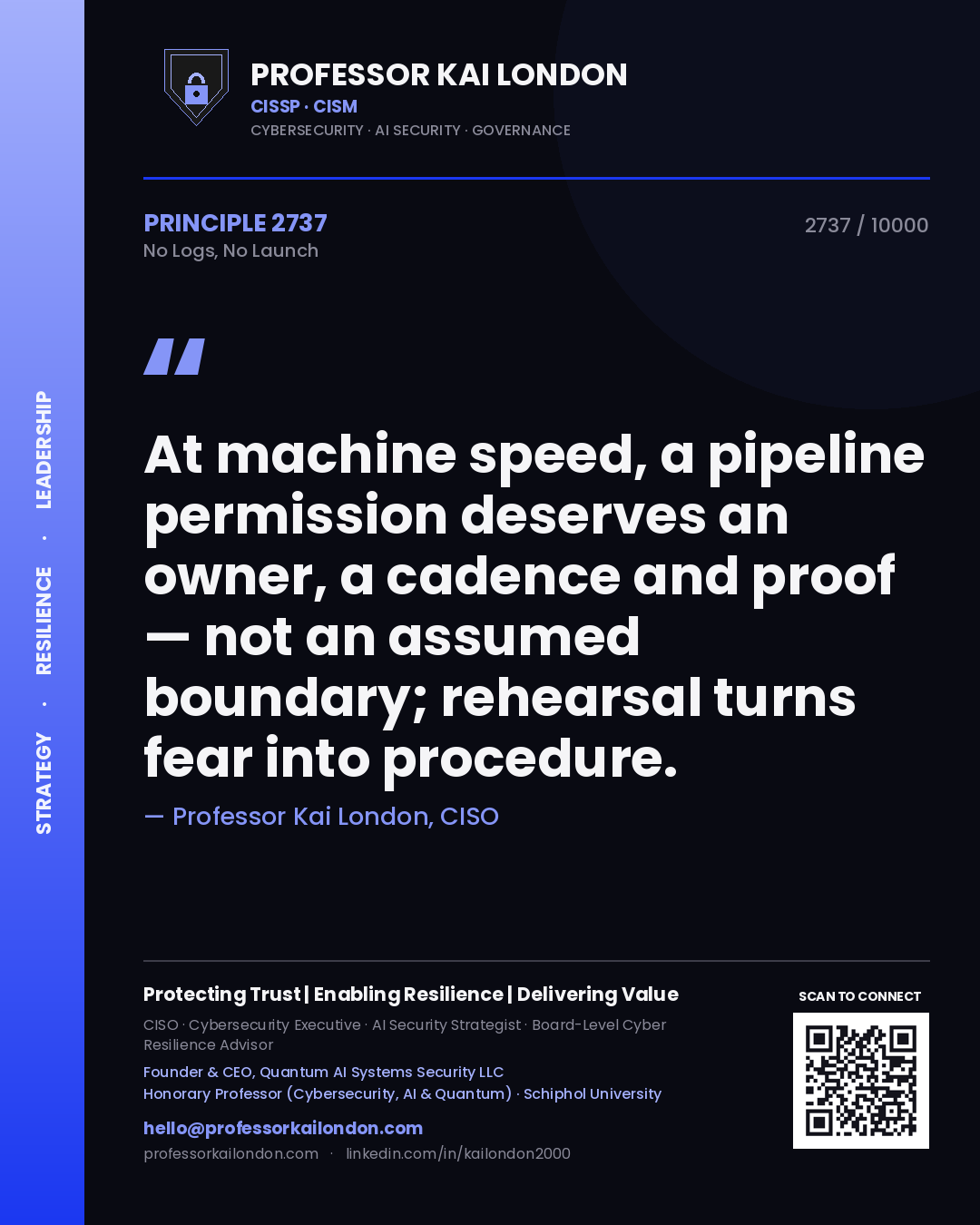 Quote card by Professor Kai London reading 'At machine speed, a pipeline permission deserves an owner, a cadence and proof — not an assumed boundary; rehearsal turns fear into procedure.'. From the book No Logs, No Launch.