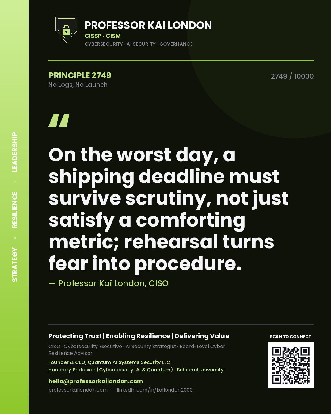 Professor Kai London principle 2749: On the worst day, a shipping deadline must survive scrutiny, not just satisfy a comforting metric; rehearsal turns fear into procedure.
