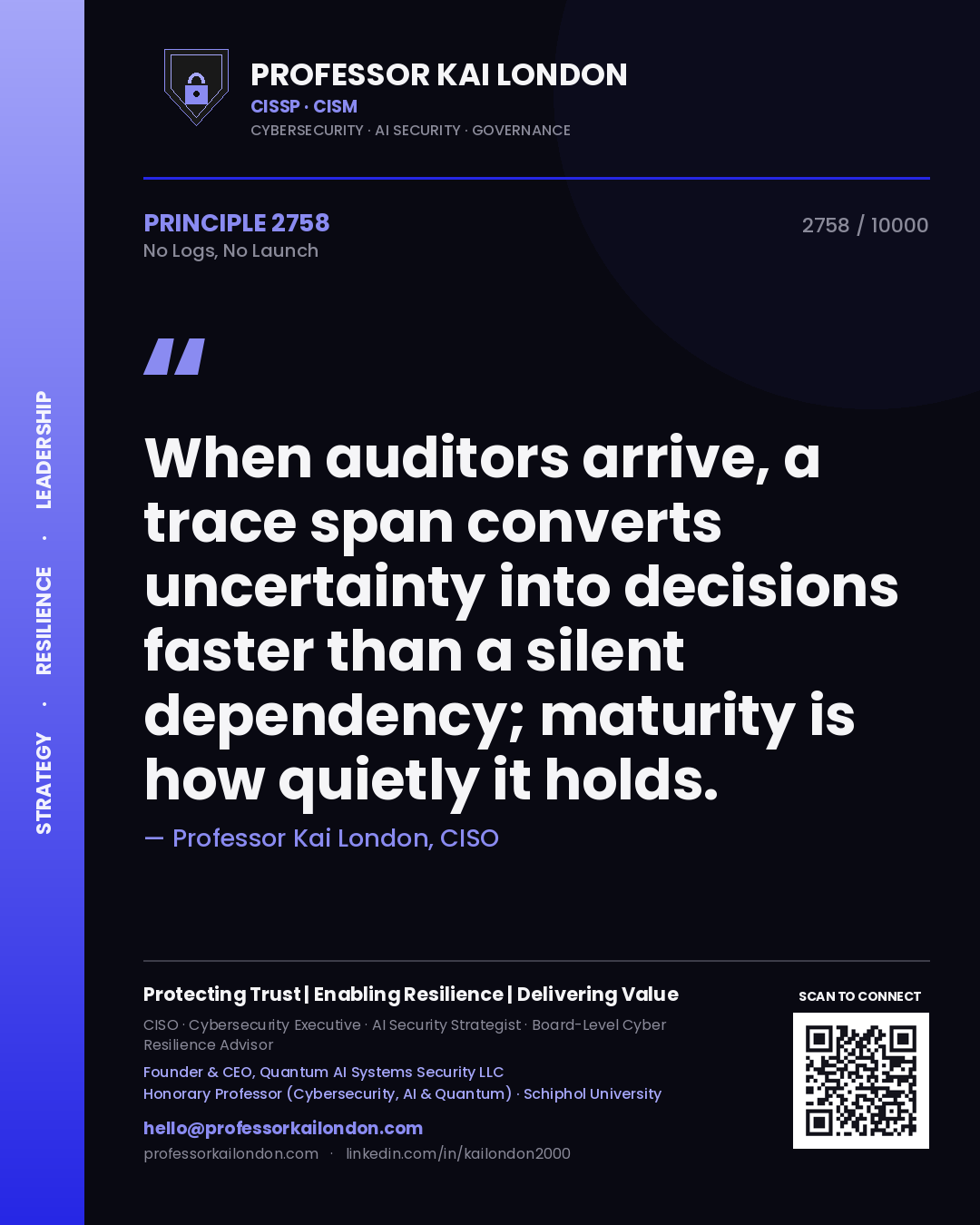 Professor Kai London principle 2758: When auditors arrive, a trace span converts uncertainty into decisions faster than a silent dependency; maturity is how quietly it holds.