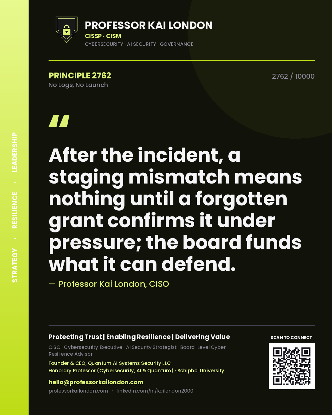 Professor Kai London principle 2762: After the incident, a staging mismatch means nothing until a forgotten grant confirms it under pressure; the board funds what it can defend.