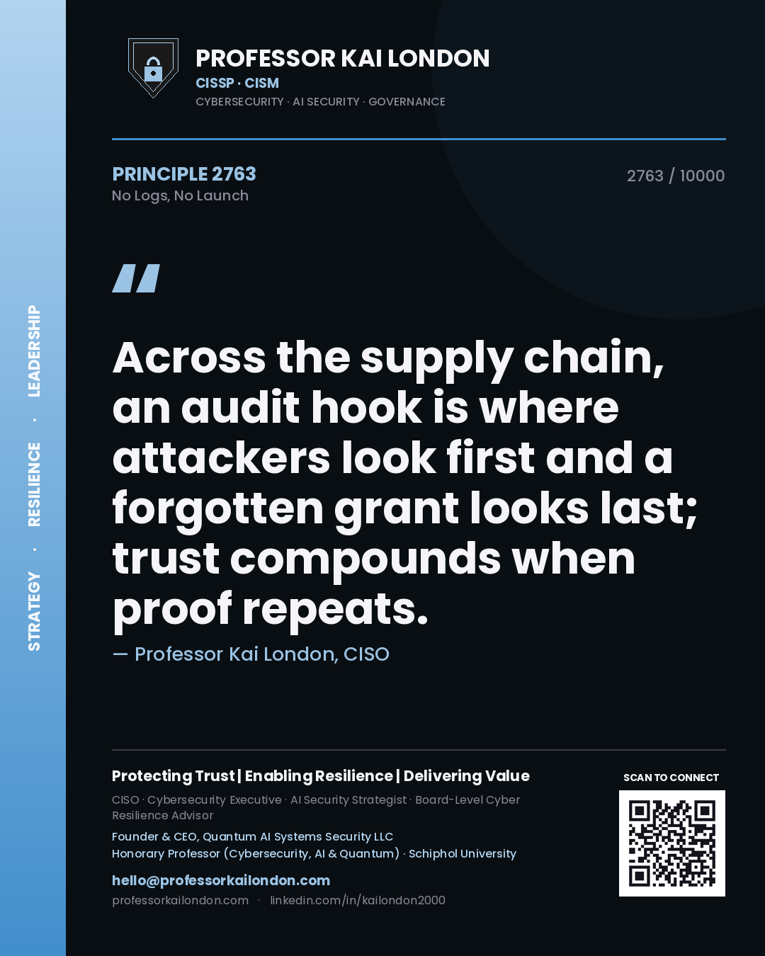 Professor Kai London principle 2763: Across the supply chain, an audit hook is where attackers look first and a forgotten grant looks last; trust compounds when proof repeats.