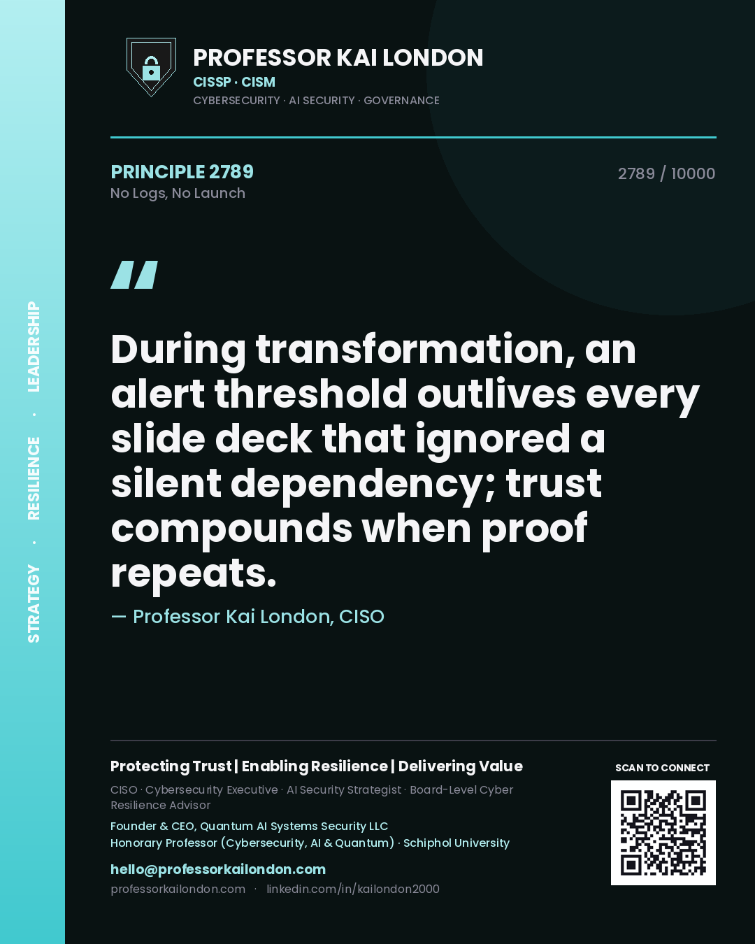 Professor Kai London principle 2789: During transformation, an alert threshold outlives every slide deck that ignored a silent dependency; trust compounds when proof repeats.