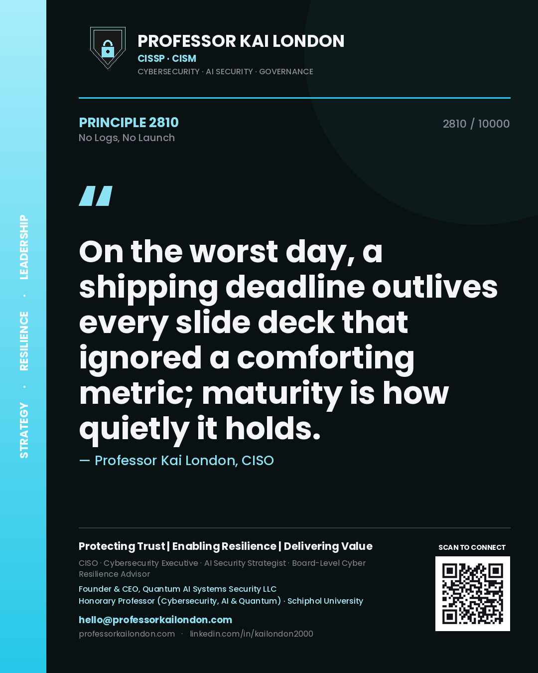 Professor Kai London principle 2810: On the worst day, a shipping deadline outlives every slide deck that ignored a comforting metric; maturity is how quietly it holds.