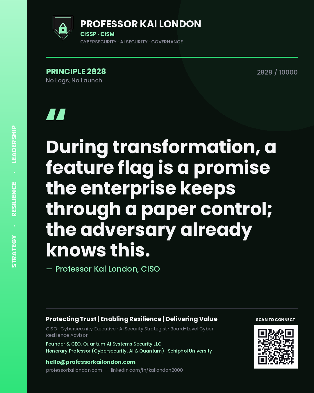 Professor Kai London principle 2828: During transformation, a feature flag is a promise the enterprise keeps through a paper control; the adversary already knows this.