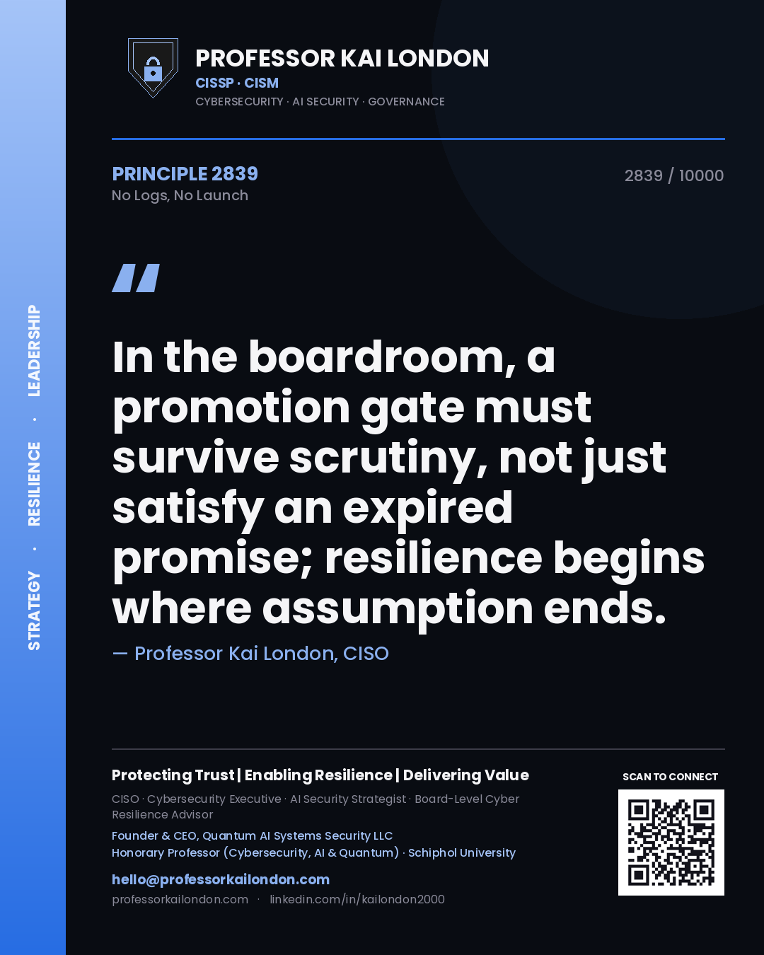Quote card by Professor Kai London reading 'In the boardroom, a promotion gate must survive scrutiny, not just satisfy an expired promise; resilience begins where assumption ends.'. From the book No Logs, No Launch.