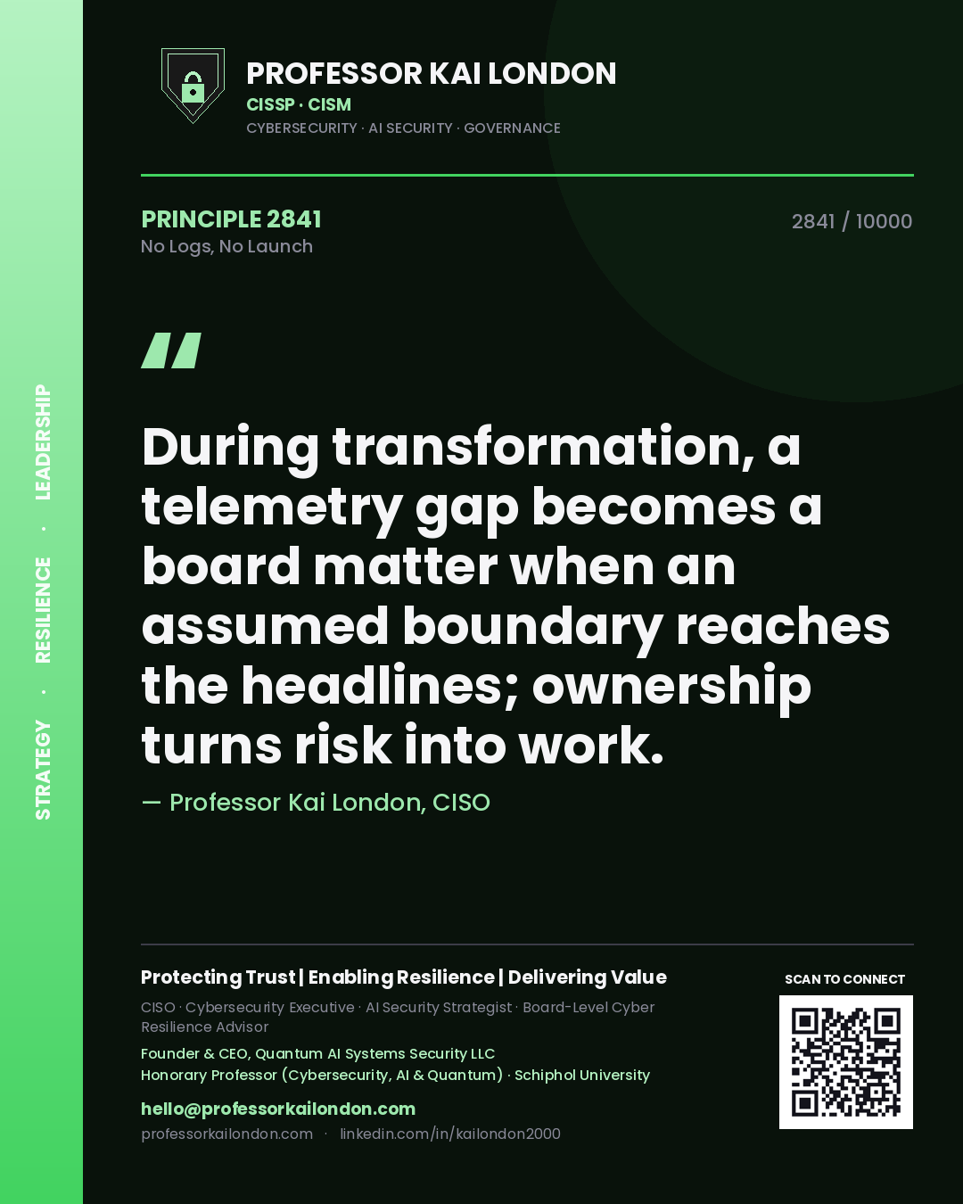 Professor Kai London principle 2841: During transformation, a telemetry gap becomes a board matter when an assumed boundary reaches the headlines; ownership turns risk into work.