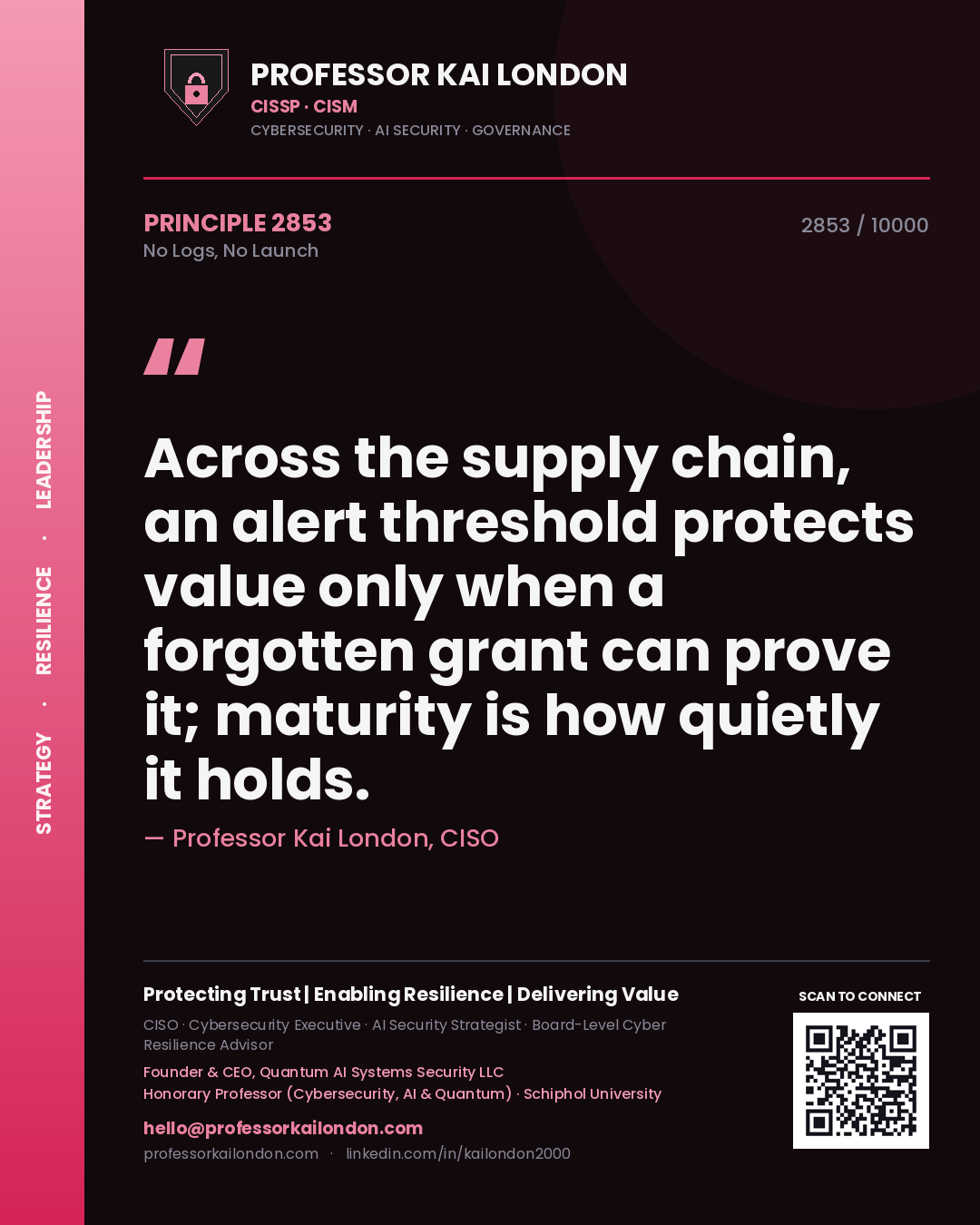 Quote card by Professor Kai London reading 'Across the supply chain, an alert threshold protects value only when a forgotten grant can prove it; maturity is how quietly it holds.'. From the book No Logs, No Launch.