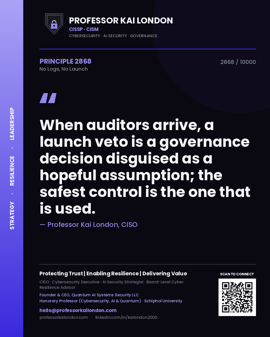 Professor Kai London principle 2868: When auditors arrive, a launch veto is a governance decision disguised as a hopeful assumption; the safest control is the one that is used.