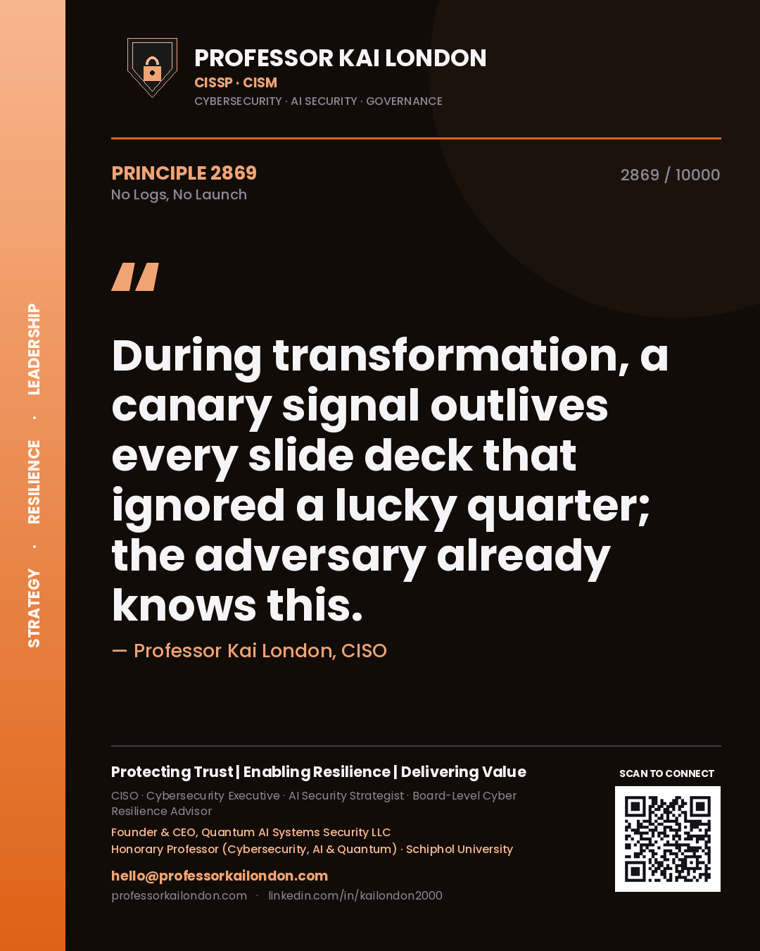 Quote card by Professor Kai London reading 'During transformation, a canary signal outlives every slide deck that ignored a lucky quarter; the adversary already knows this.'. From the book No Logs, No Launch.