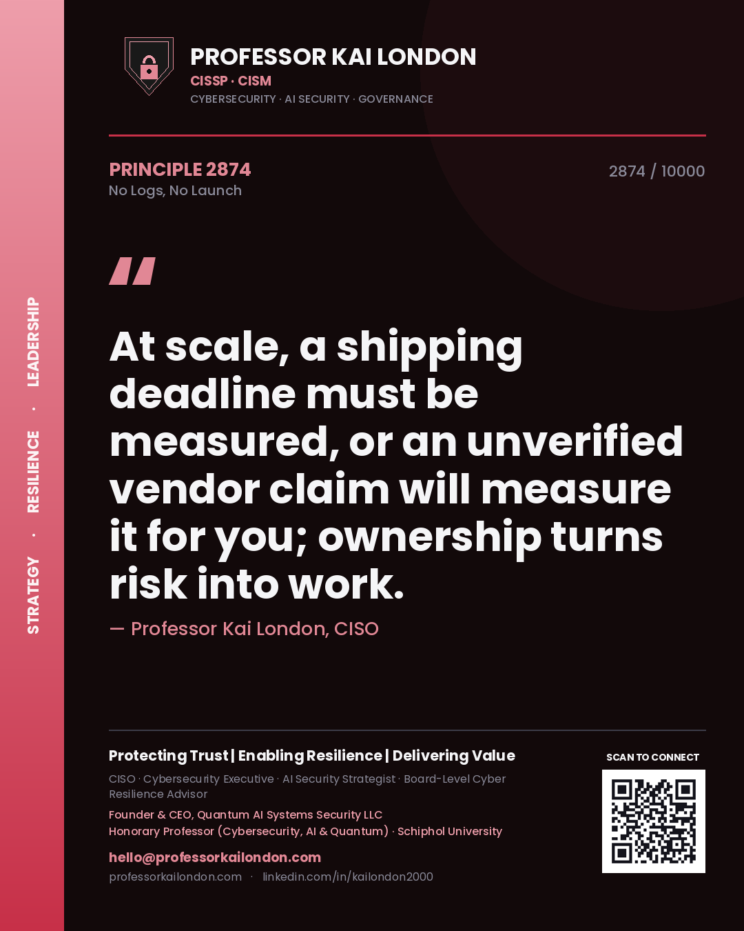 Professor Kai London principle 2874: At scale, a shipping deadline must be measured, or an unverified vendor claim will measure it for you; ownership turns risk into work.