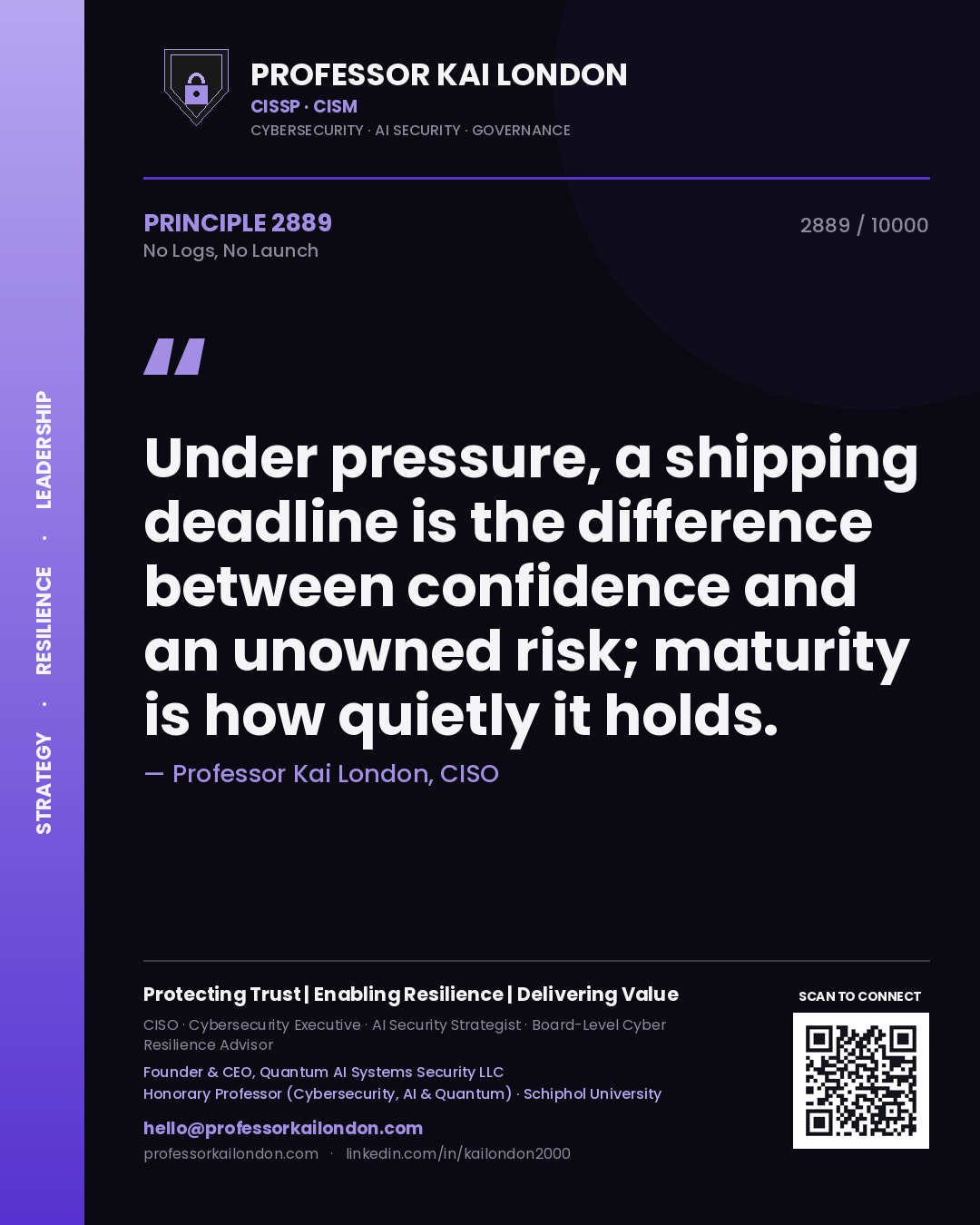 Professor Kai London principle 2889: Under pressure, a shipping deadline is the difference between confidence and an unowned risk; maturity is how quietly it holds.