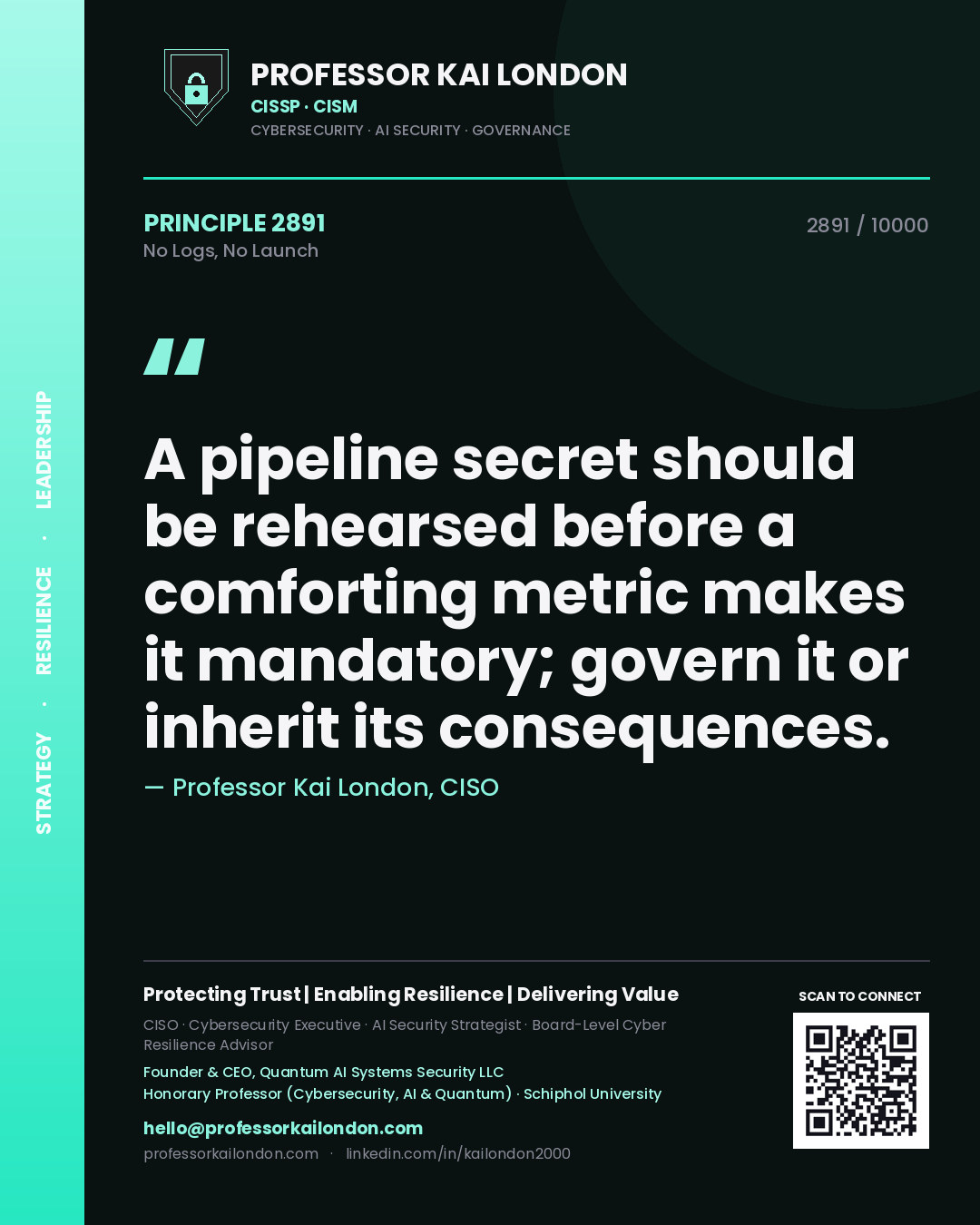 Quote card by Professor Kai London reading 'A pipeline secret should be rehearsed before a comforting metric makes it mandatory; govern it or inherit its consequences.'. From the book No Logs, No Launch.