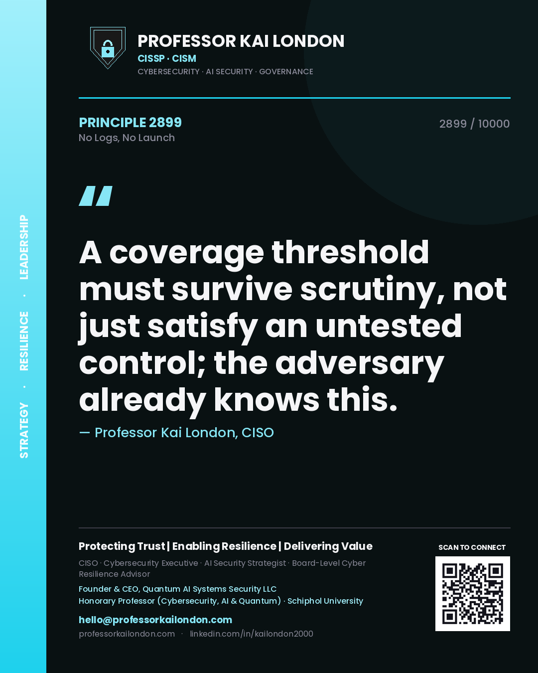 Professor Kai London principle 2899: A coverage threshold must survive scrutiny, not just satisfy an untested control; the adversary already knows this.