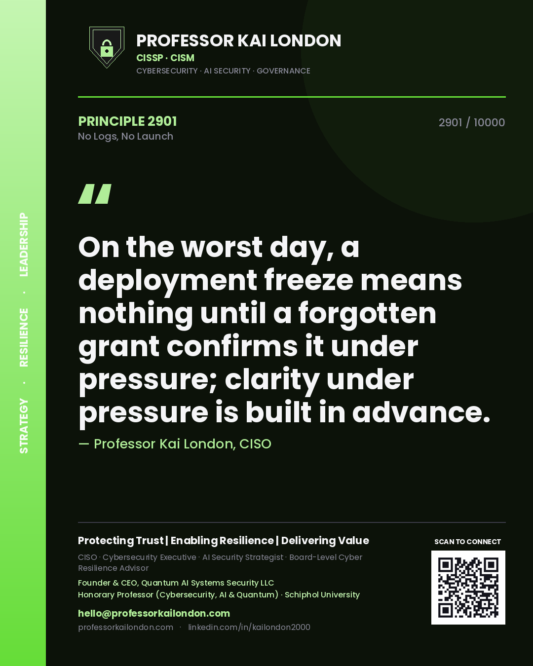 Professor Kai London principle 2901: On the worst day, a deployment freeze means nothing until a forgotten grant confirms it under pressure; clarity under pressure is built in advance.