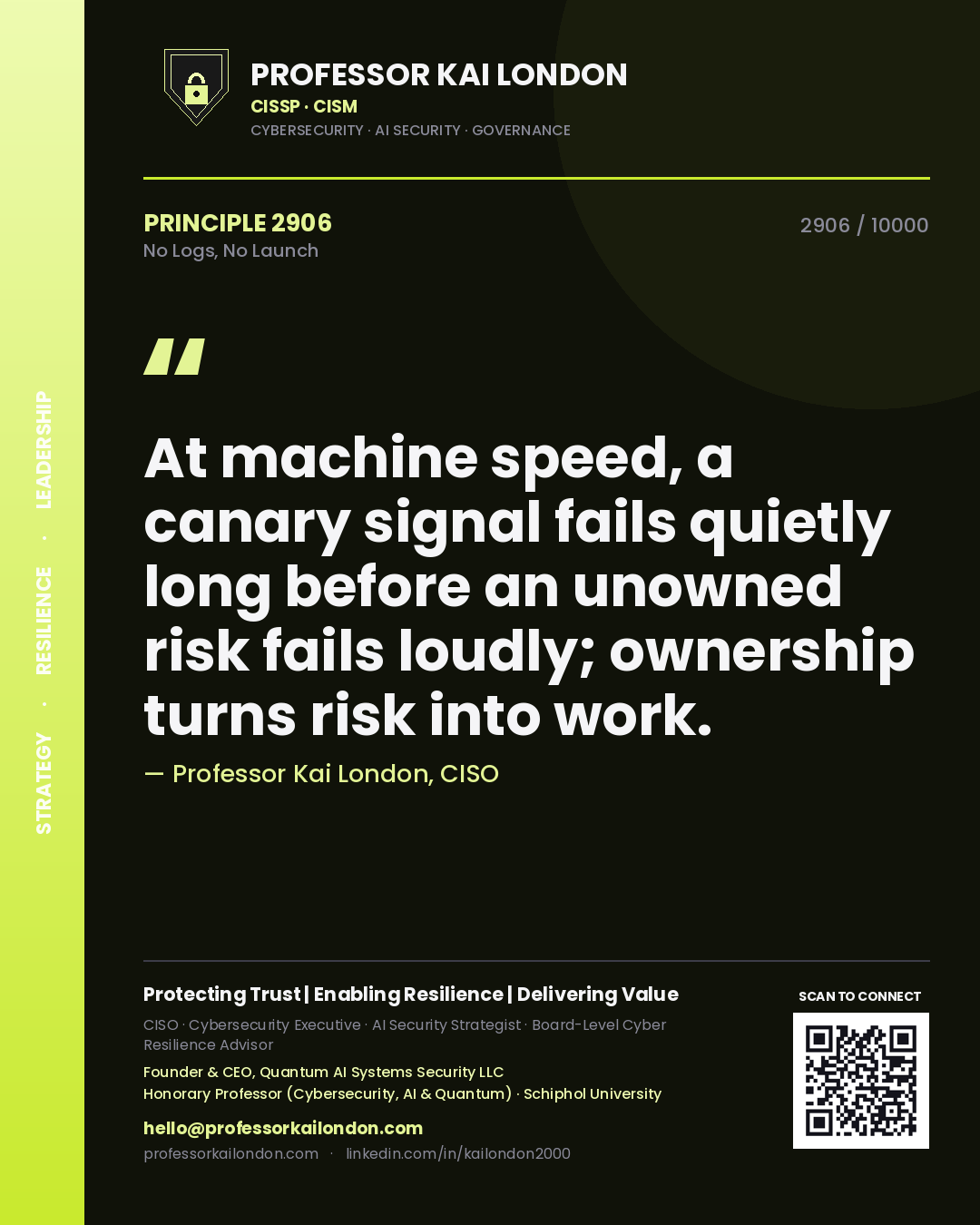 Professor Kai London principle 2906: At machine speed, a canary signal fails quietly long before an unowned risk fails loudly; ownership turns risk into work.