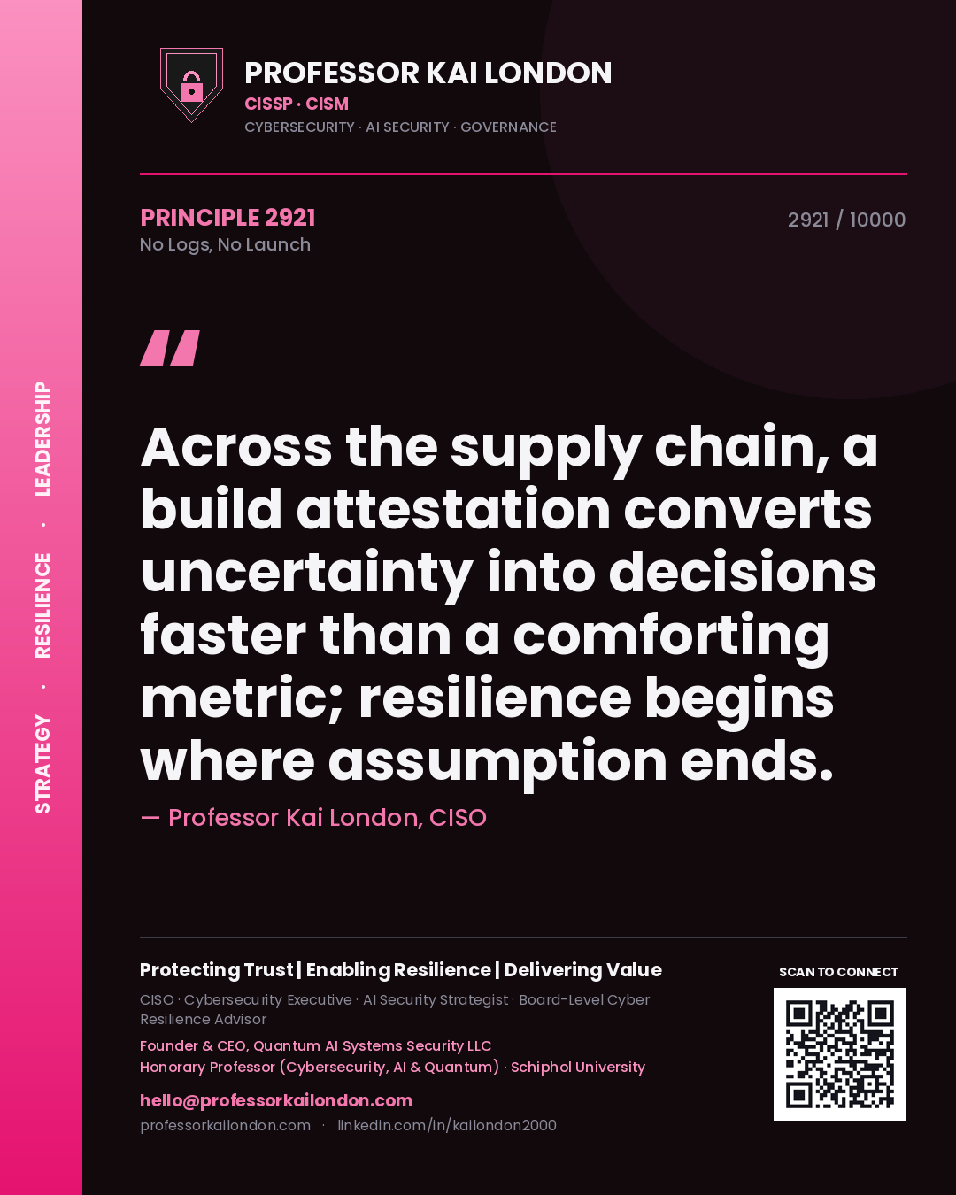 Professor Kai London principle 2921: Across the supply chain, a build attestation converts uncertainty into decisions faster than a comforting metric; resilience begins where assumption ends.