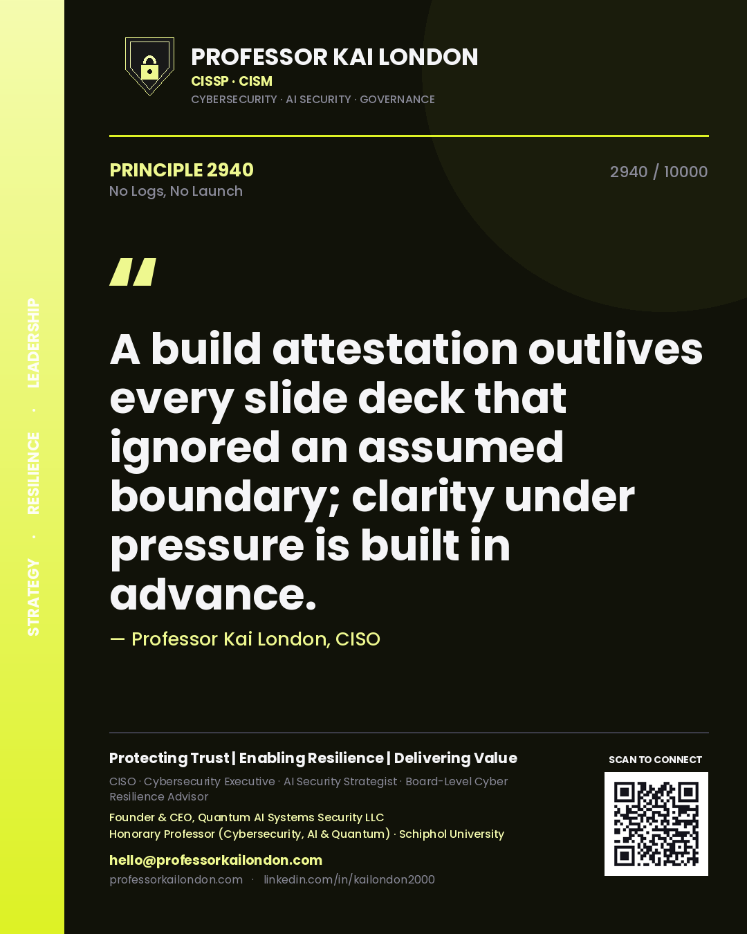 Professor Kai London principle 2940: A build attestation outlives every slide deck that ignored an assumed boundary; clarity under pressure is built in advance.
