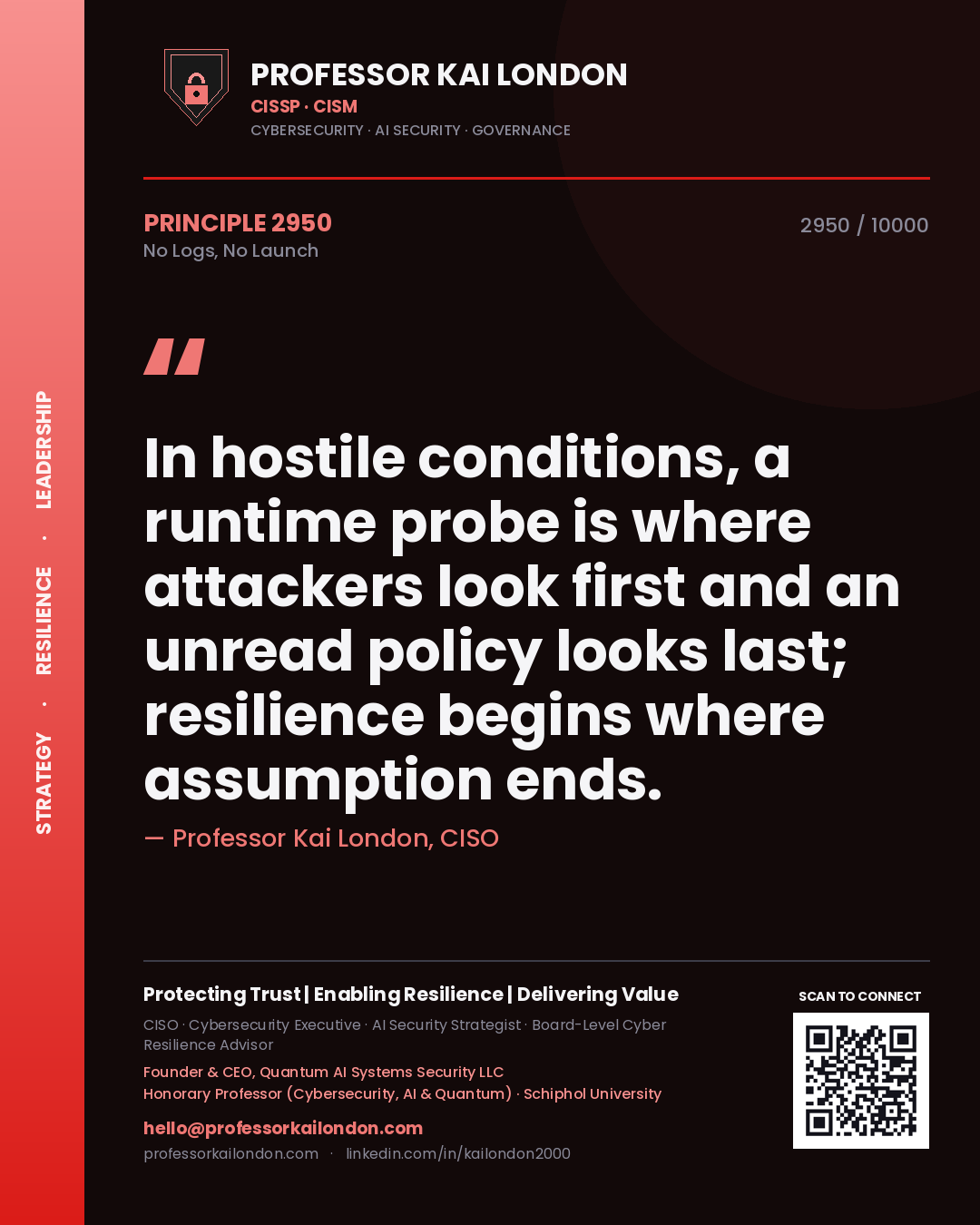 Professor Kai London principle 2950: In hostile conditions, a runtime probe is where attackers look first and an unread policy looks last; resilience begins where assumption ends.