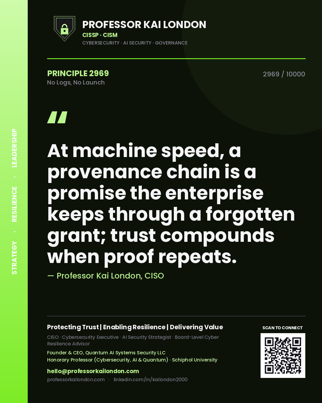 Professor Kai London principle 2969: At machine speed, a provenance chain is a promise the enterprise keeps through a forgotten grant; trust compounds when proof repeats.