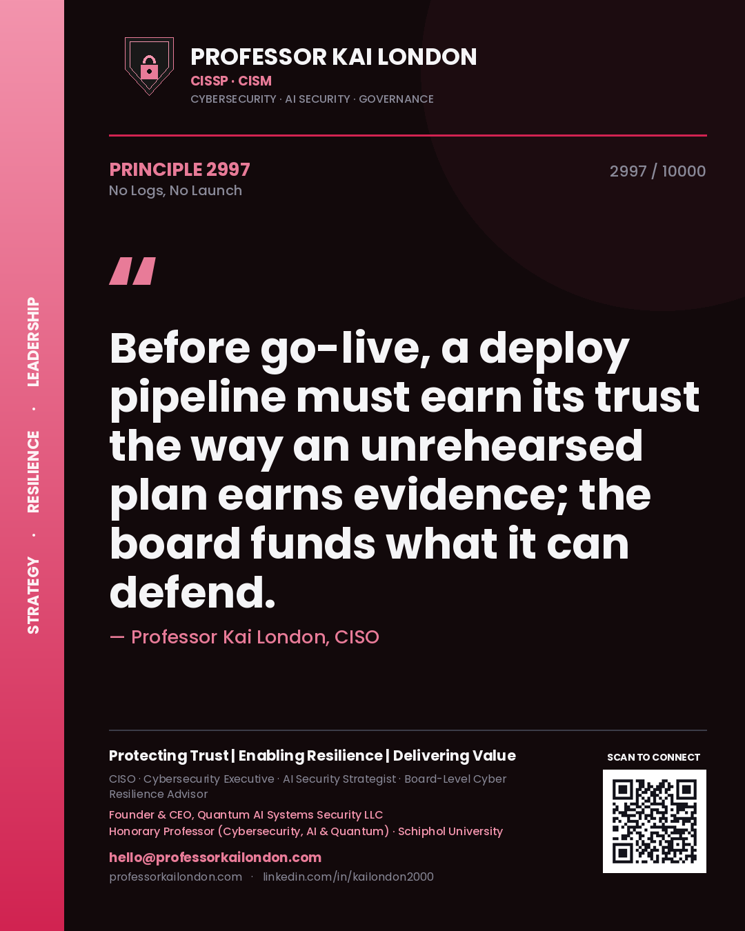Professor Kai London principle 2997: Before go-live, a deploy pipeline must earn its trust the way an unrehearsed plan earns evidence; the board funds what it can defend.