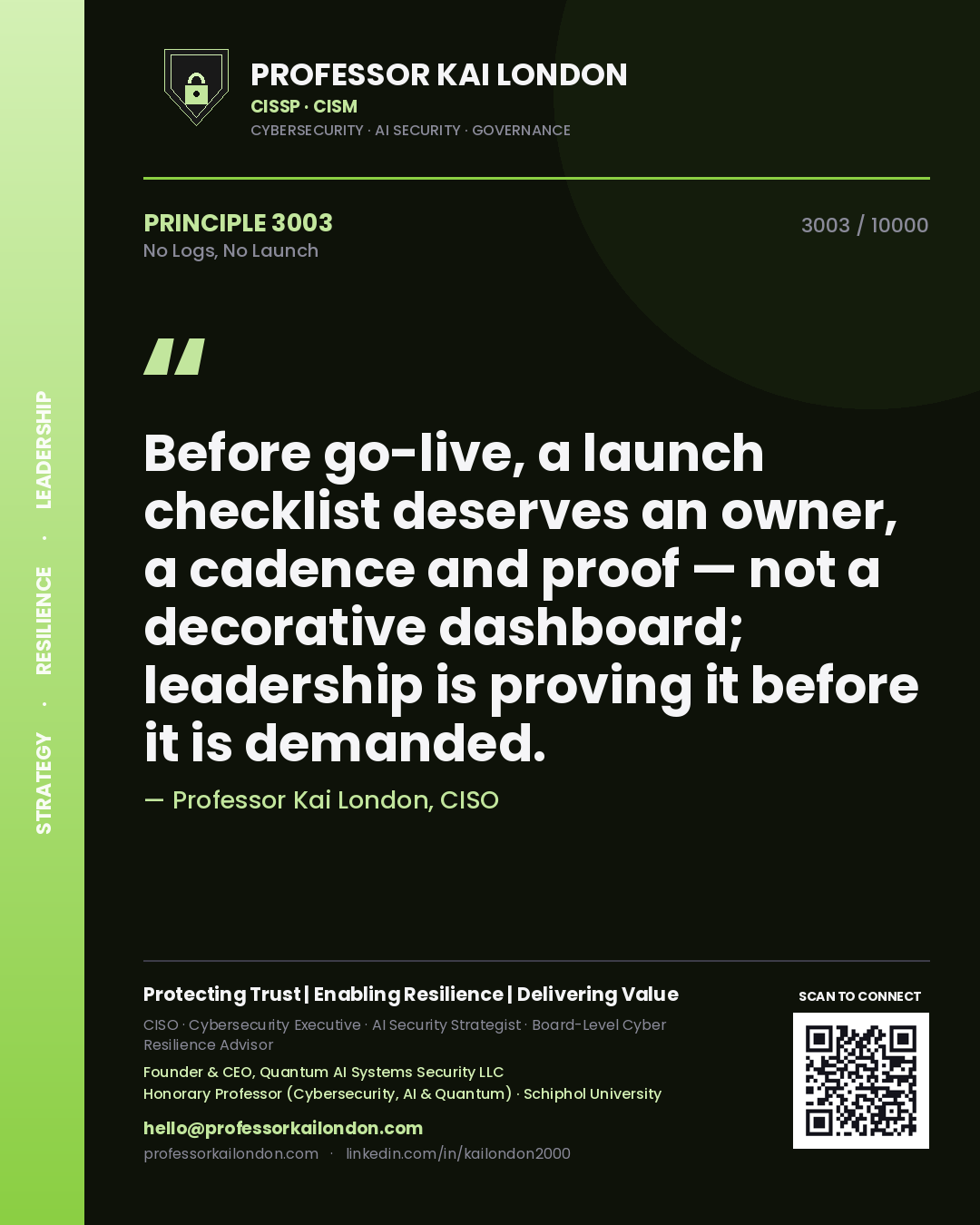 Professor Kai London principle 3003: Before go-live, a launch checklist deserves an owner, a cadence and proof — not a decorative dashboard; leadership is proving it before it is demanded.